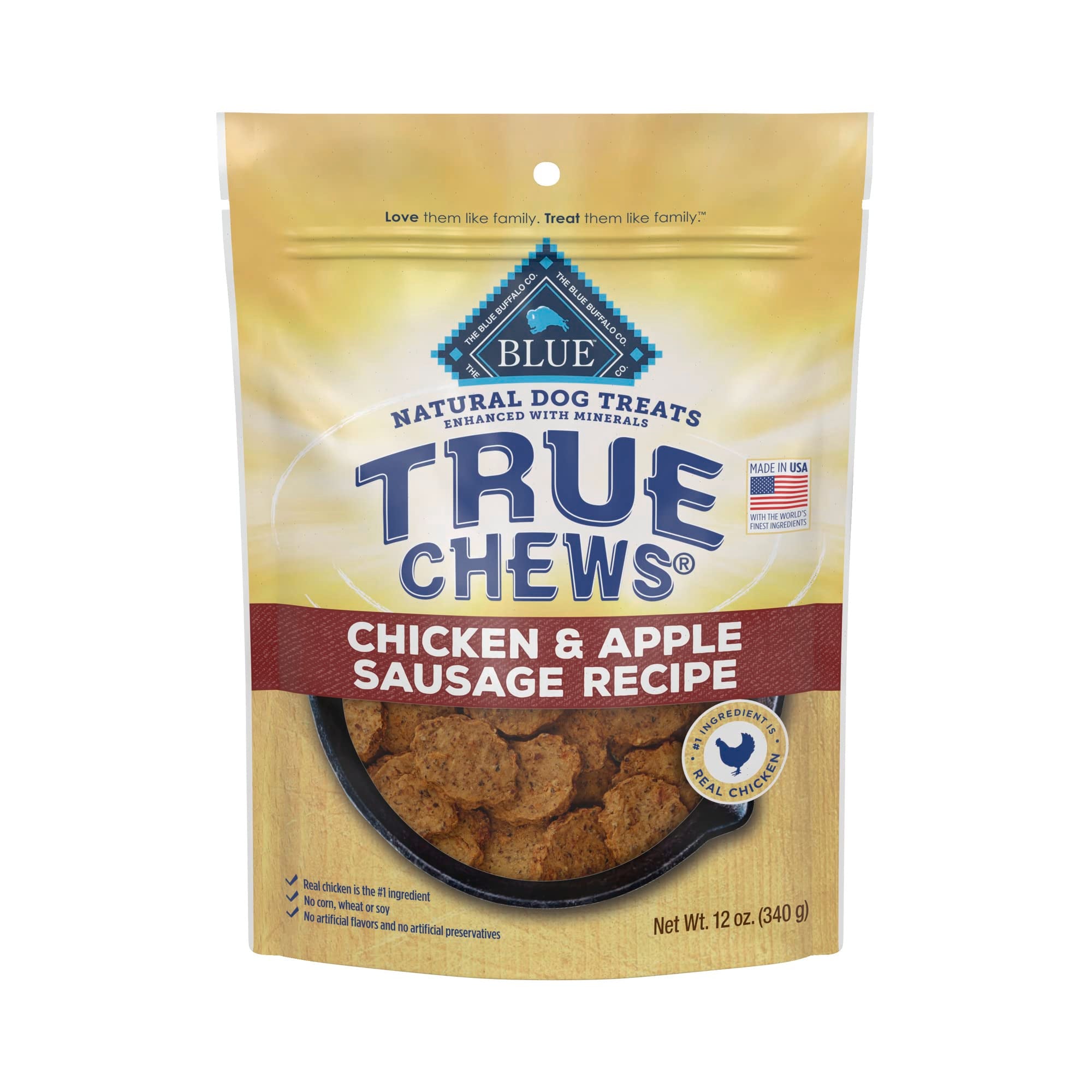 Blue Buffalo True Chews Dog Treats, Made in the USA with Natural Ingredients, Chicken and Apple Sausage Recipe, 12-oz Bag
