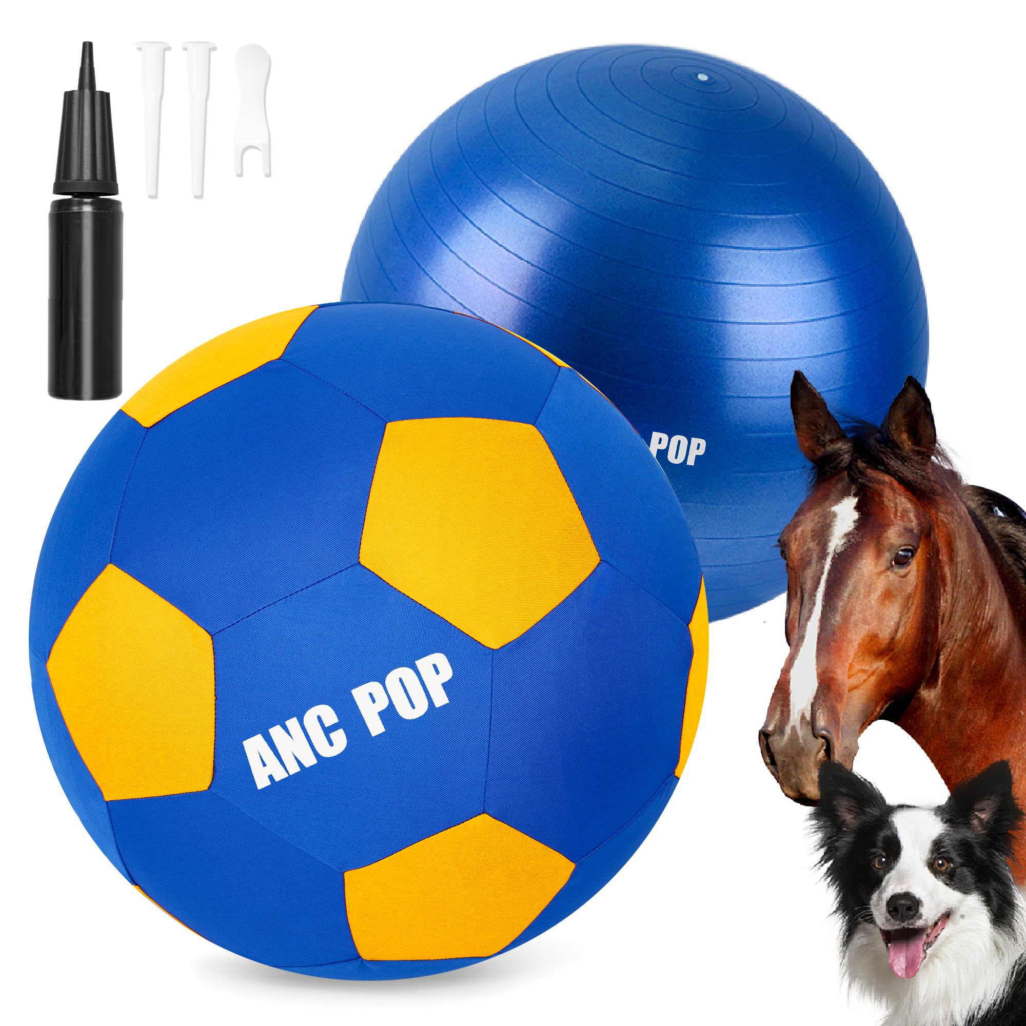 Anc Pop Herding Ball For Dogs Horse Ball & Cover 25'' For Horses Large With Hand Pump For Play, Blue And Yellow