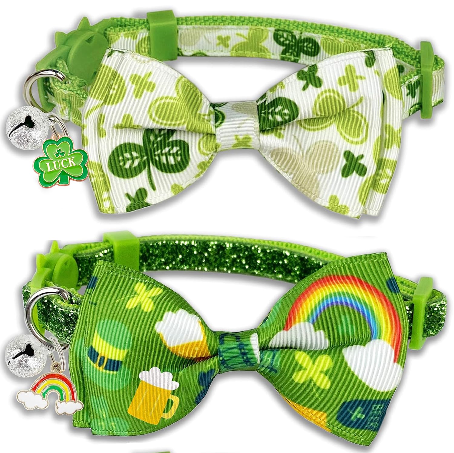 Pohshido St. Patrick'S Day Cat Collar With Bow Tie And Bell, 2-Pack Breakaway Adjustable Lucky Shamrock And Rainbow Kitty Collar