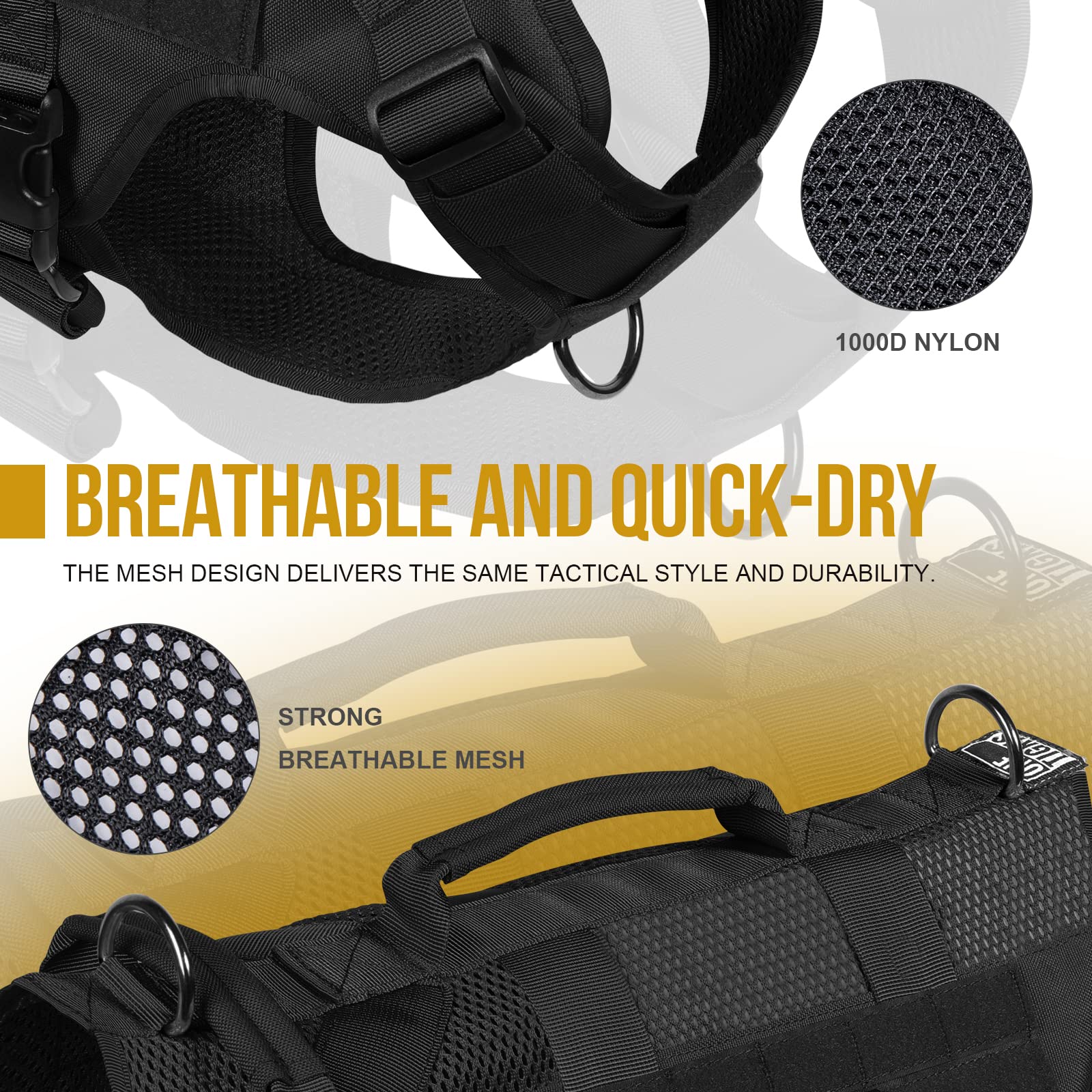 OneTigris No Pull Tactical Dog Harness for Medium Dog, Aire Mesh Dog Vest Harness, Breathable Military Dogs Molle Vests with Han