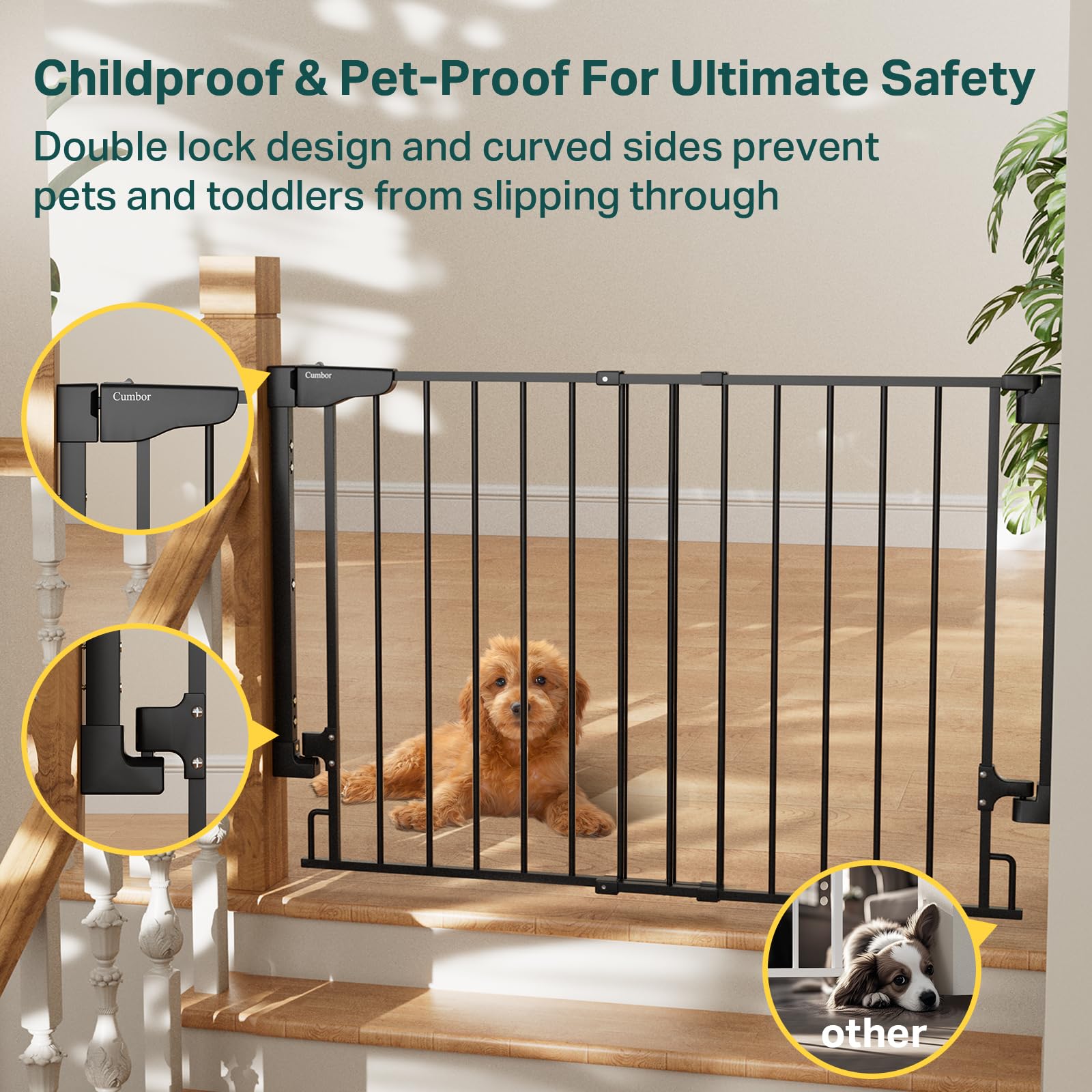 Cumbor 29.2-43 Baby Gate for Stairs, Wall-Mounted (Drill Required), Expandable No Bottom Bar Dog Gate, Auto Close Extra Wide Wal