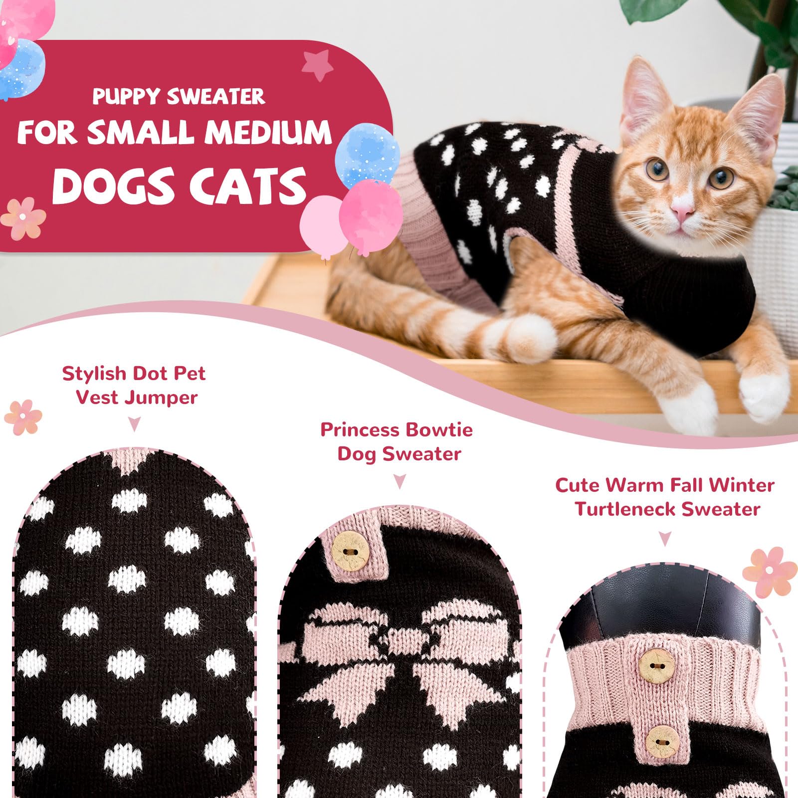 PETCARE Cute Small Dog Sweater Dot Black Dog Sweater with Purple Bowtie Puppy Dog Clothes for Small Medium Dogs Cats Girl Warm F