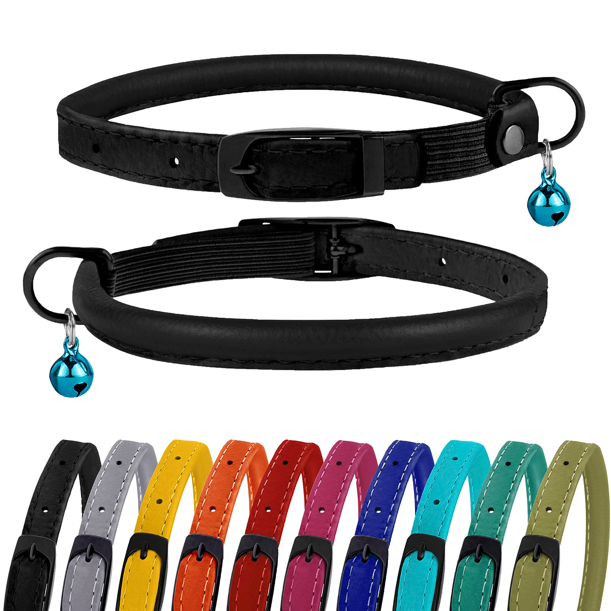 Bronzedog Cat Collar With Bell Safety Rolled Leather Collars For Cats Kitten Black Blue Pink Green Yellow Grey (8' - 10', Olive Green)