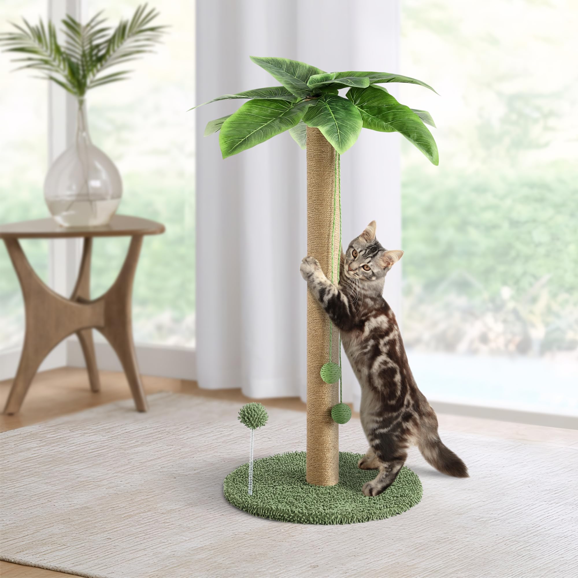 Kigoty Cat Scratching Post Cat Scratcher, 33 Inch Tall Scratching Post With Sisal Rope,Cute Cat Tree With Hanging Interactive Ba