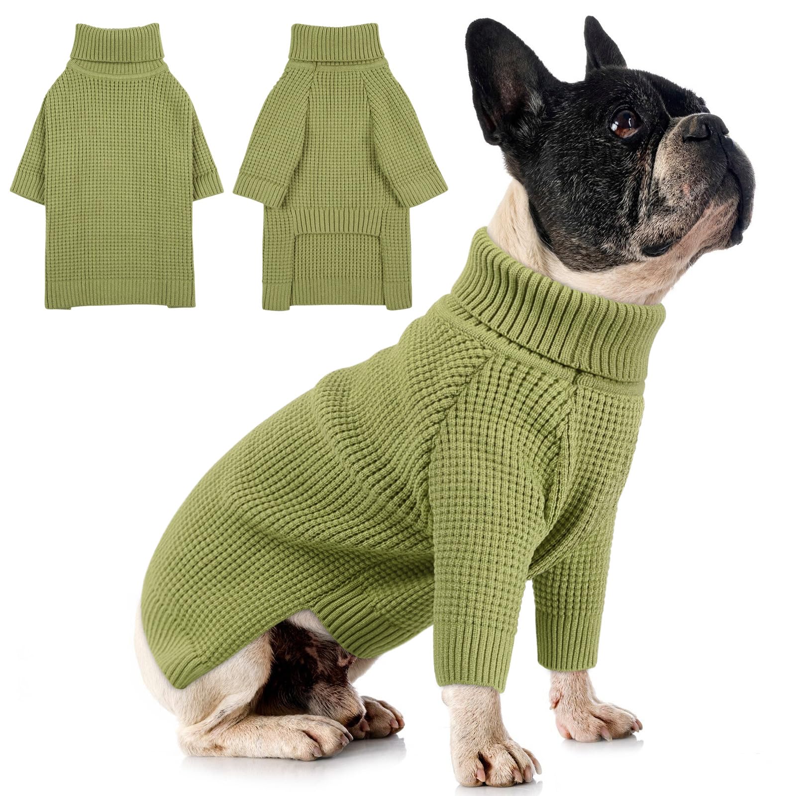 Queenmore Waffle Knit Dog Sweater, Long Sleeve Dog Fall Sweater, Turtleneck Puppy Sweaters, Puppy Sweaters For Cats, Green Xs