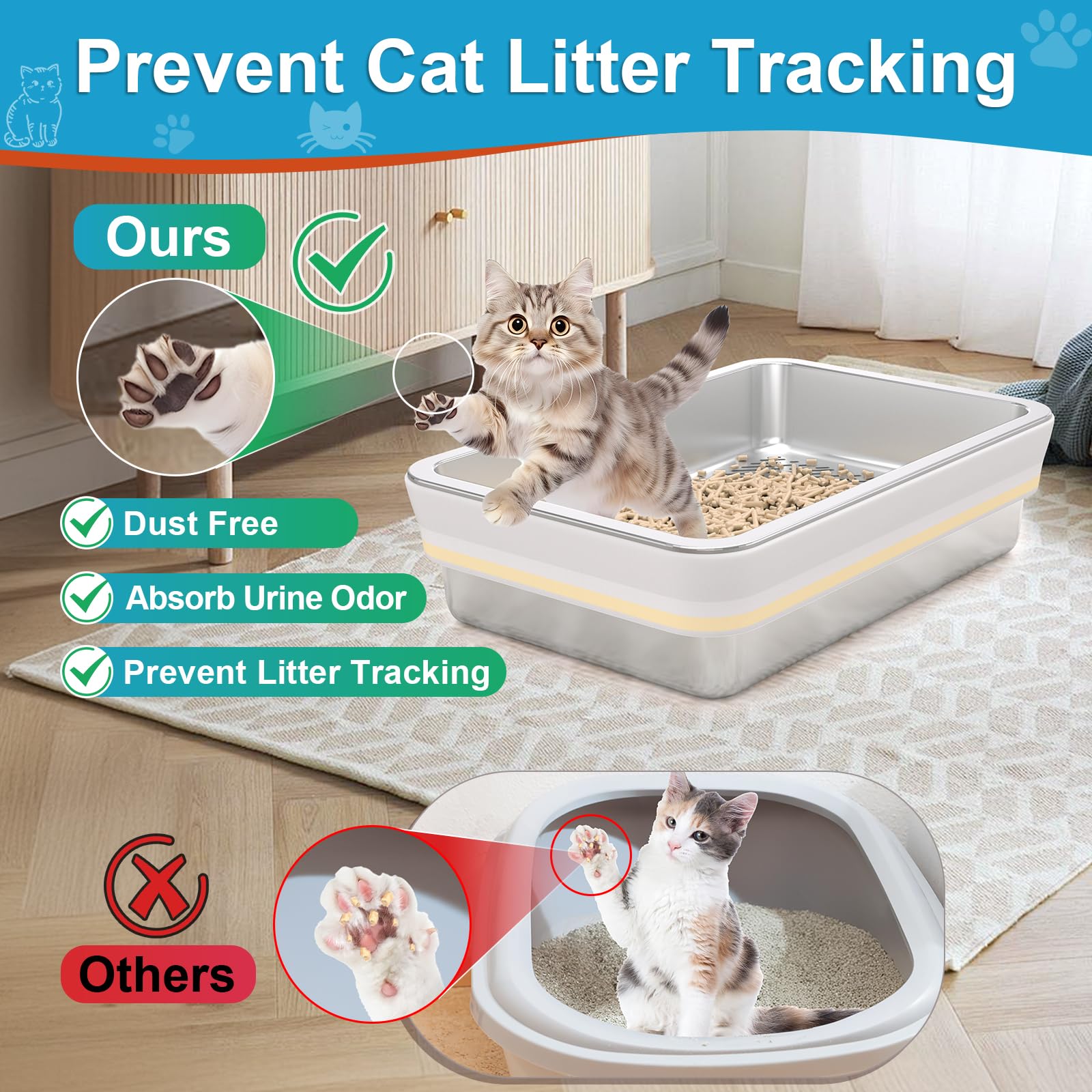 XL Stainless Steel Sifting Litter Box for Big Cats,Metal Sifting Cat Litter Box for Wood Pine Pellets,Extra Large Sifter Litter