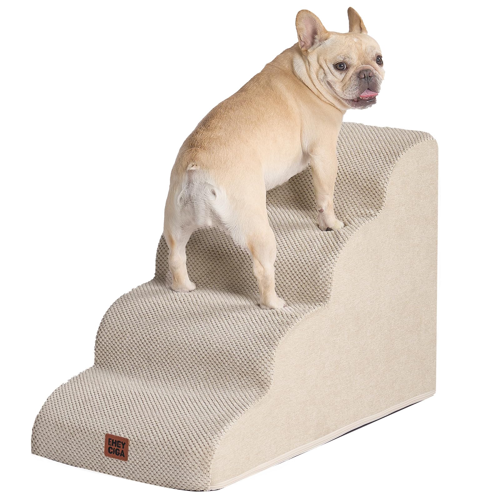 Eheyciga Curved Dog Stairs Ramp For High Beds 19.7' H, 4-Step Dog Steps For Small Dogs And Cats, Pet Stairs For High Bed Climbing, Non-Slip Balanced Pet Step Indoor, Beige