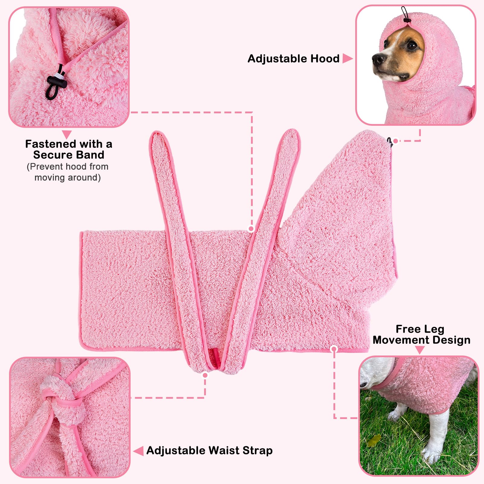Bienbee Soft Dog Bathrobe,Super Absorbent & Quick-Drying Dog Robe With Hood, Cozy Drying Coat For After Bath, Pink Xl