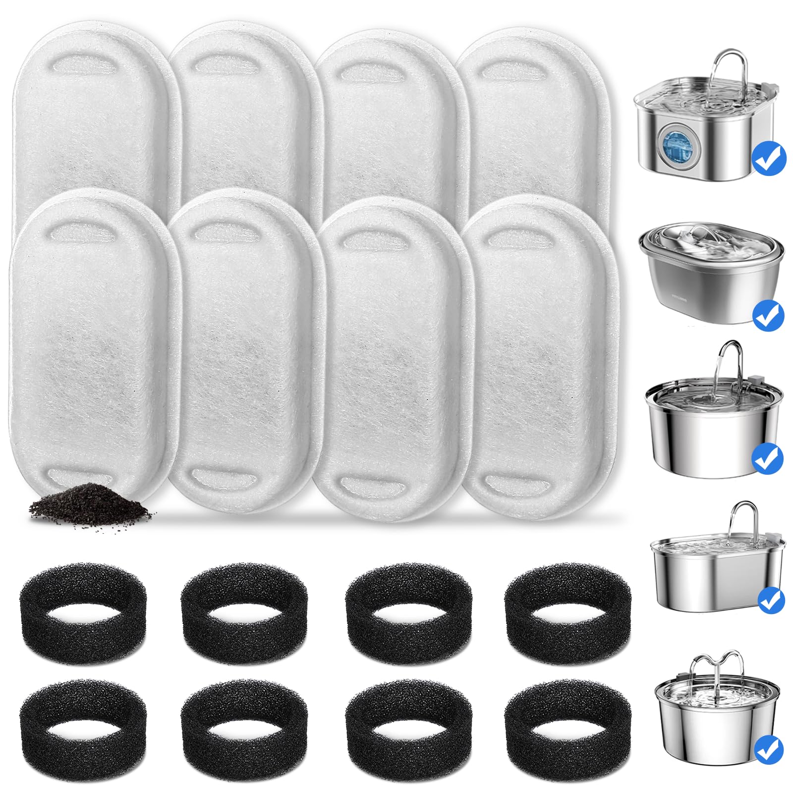 Nautypaws Cat Water Fountain Filters, 8 Pack Cat Fountain Filter Replacement With 8 Sponges For 67Oz/2L Pet Water Fountain Stainless Steel, Dog Water Fountain……