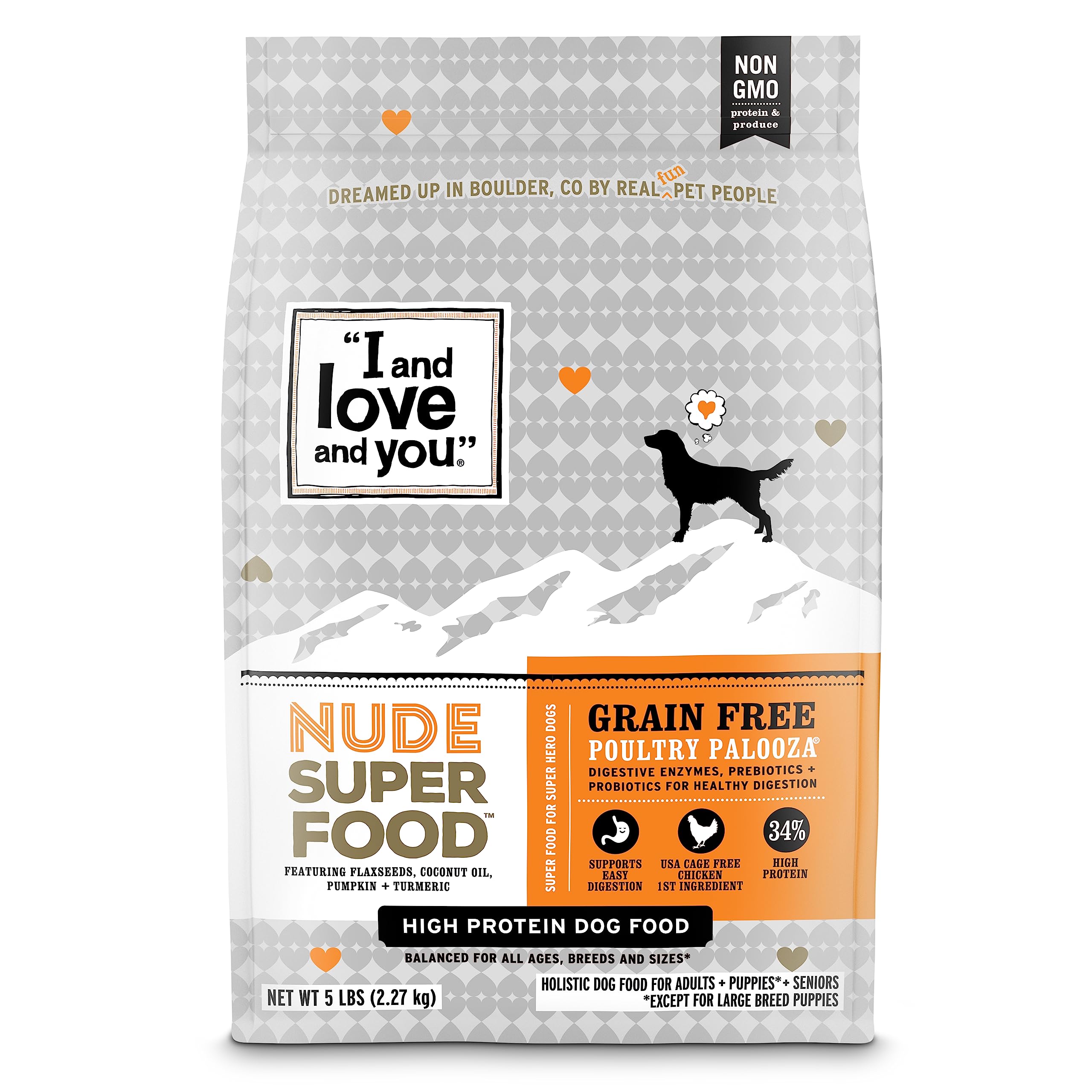 I and love and you Nude Superfood Dry Dog Food - Grain Free Kibble, Prebiotics & Probiotics, Turkey + Chicken, 23-Pound