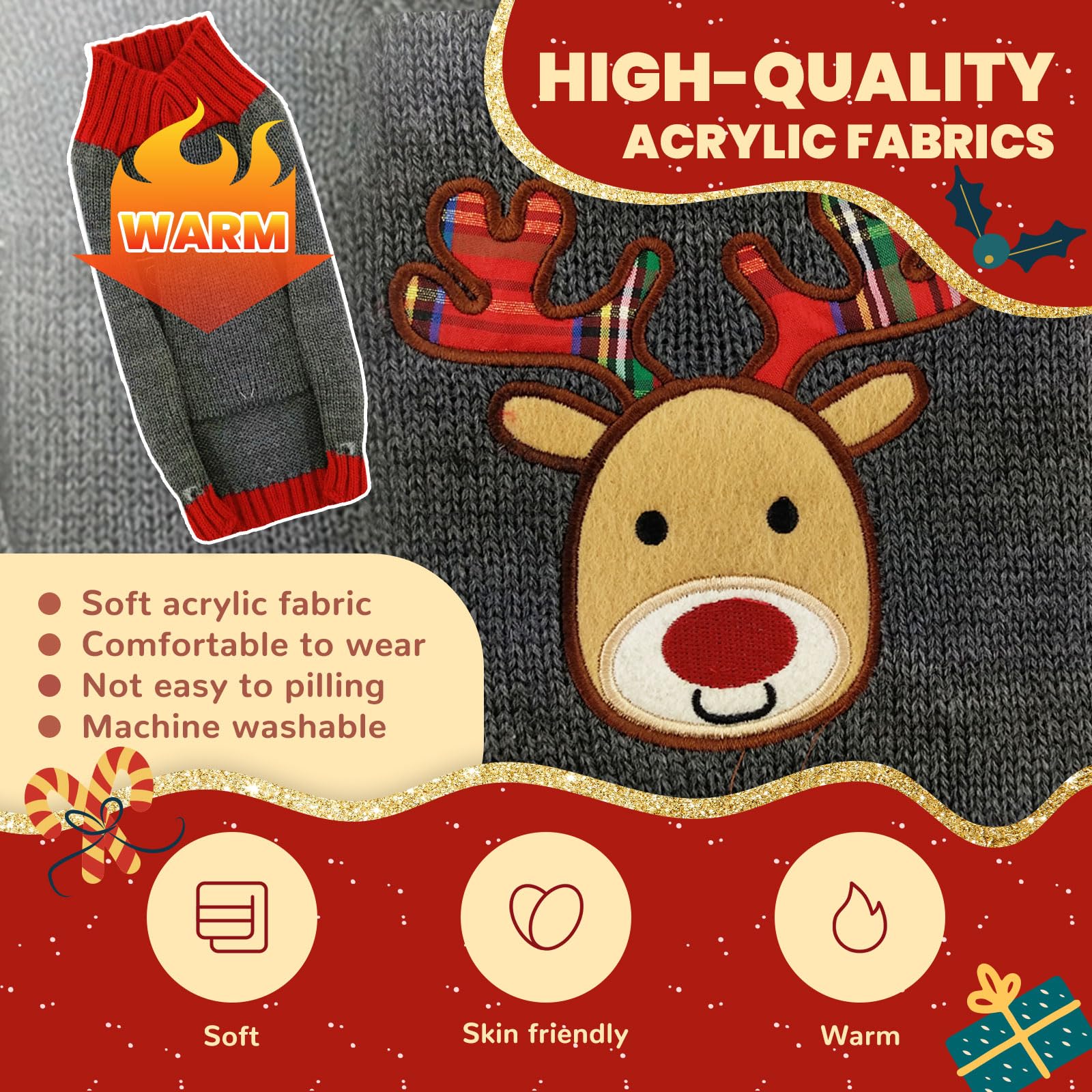 Axiijgl Christmas Reindeer Dog & Cat Fleece Sweater - Striped Winter Clothes With Leash Hole