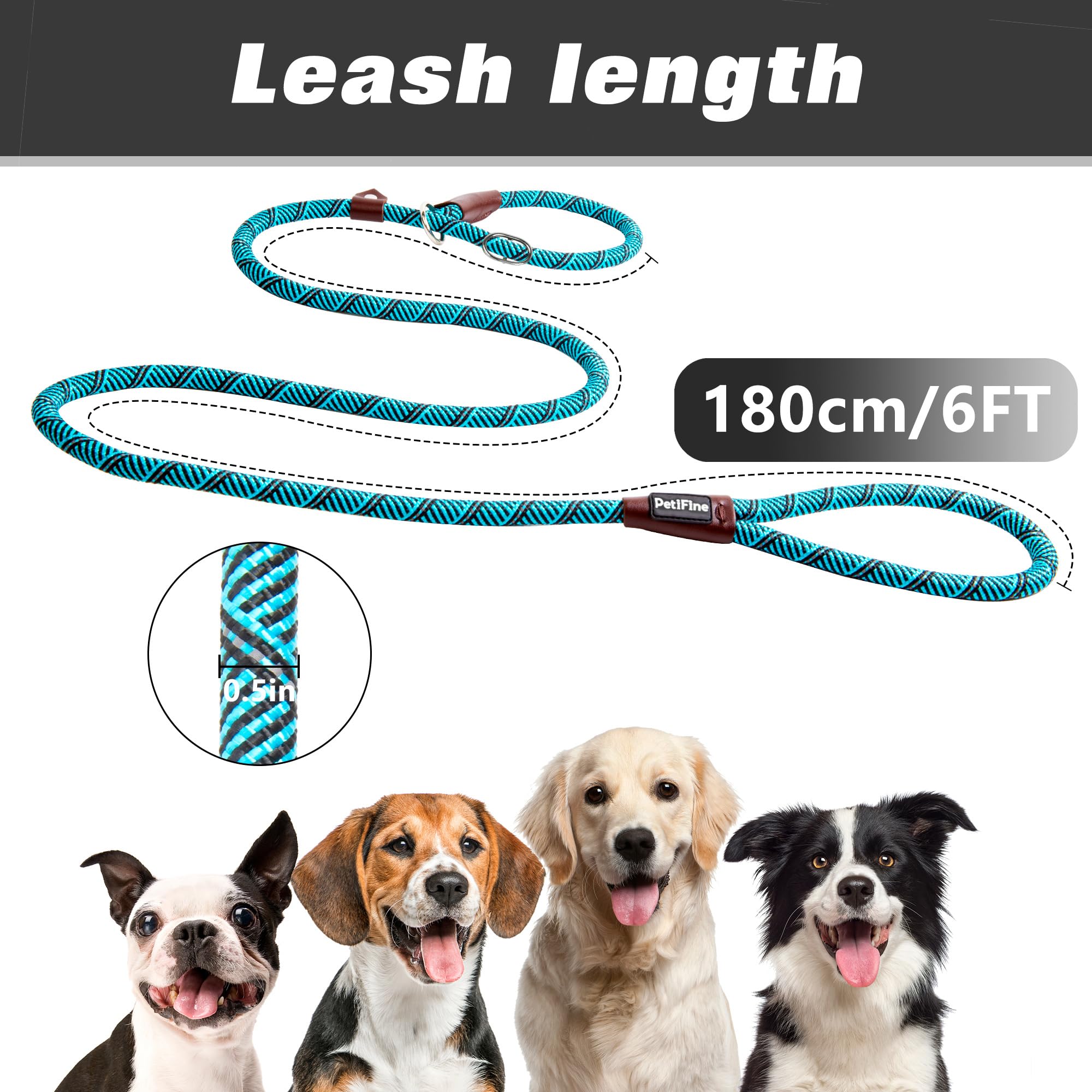 Petifine Slip Lead Dog Leash,6Ft X 1/2'' Reflective Durable Dog Training Lead, Heavy Duty Adjustable Nylon Dog Rope Slip Leash F