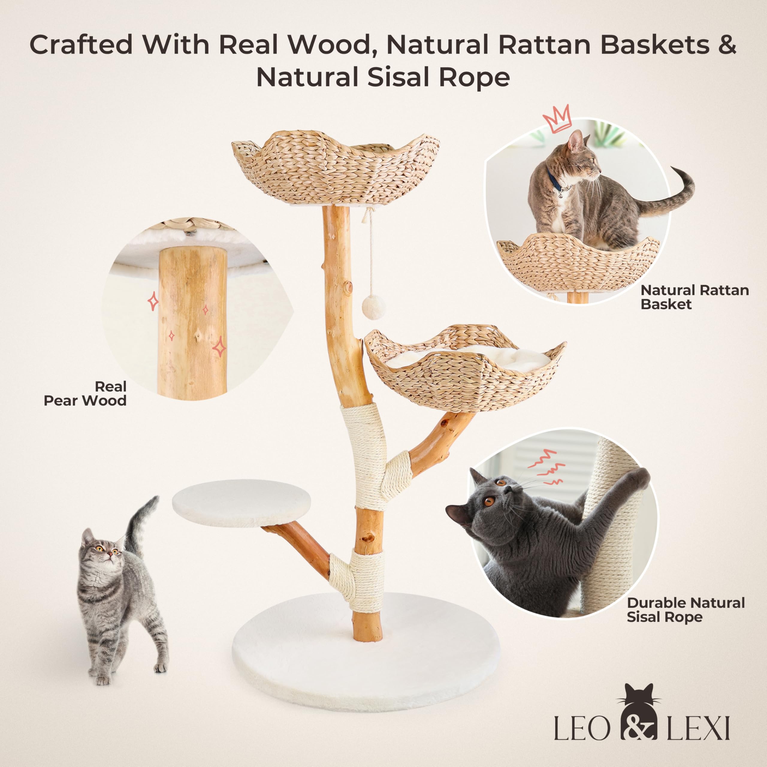 Real Wood Modern Cat Tree Tower, Cat Scratching Post With Bed For Indoor Cats Large Adult, Solid Wooden Climbing Tower, Cute Wic