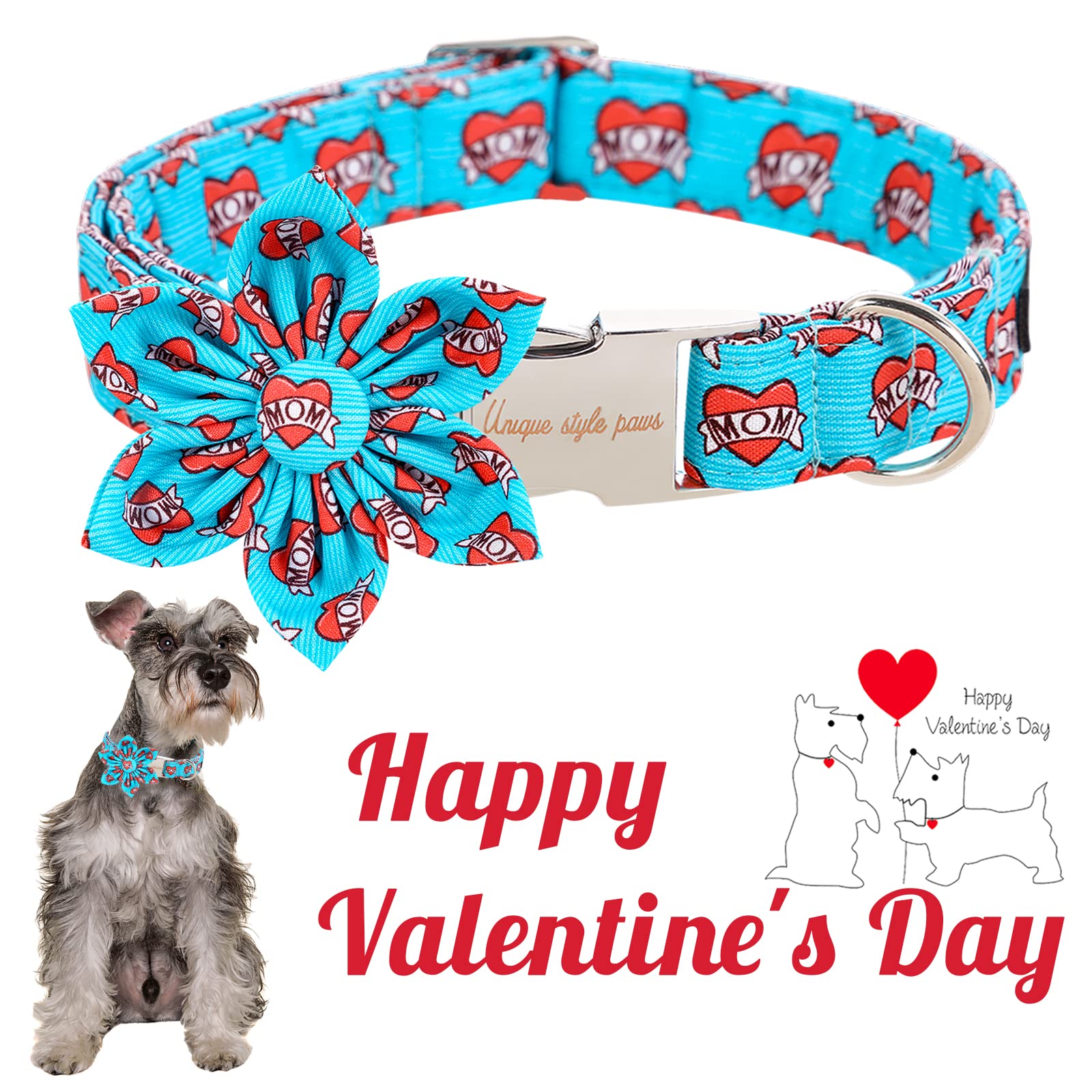 Unique Style Paws Valentine'S Day Dog Collar With Flower Tie Blue Heart Puppy Collar Best Gift For Small Medium Large Boys Girls