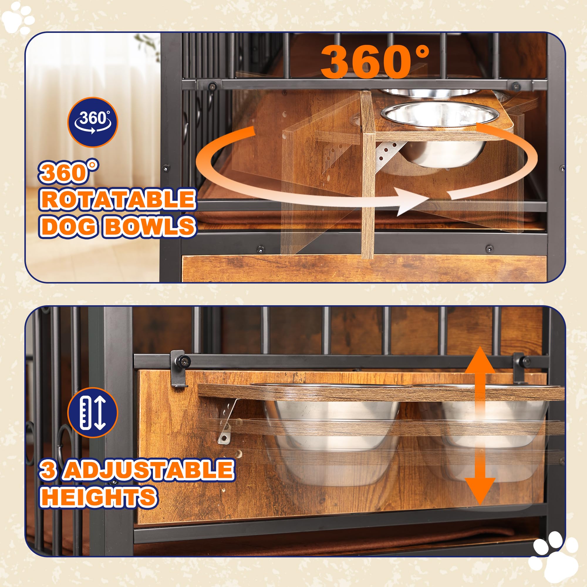 75' Dog Crate Furniture Large Storage Tv Stand With Dual Cushion / 4 Bowls/Double Rooms, Wooden Dog Kennel Dog Crate End Table