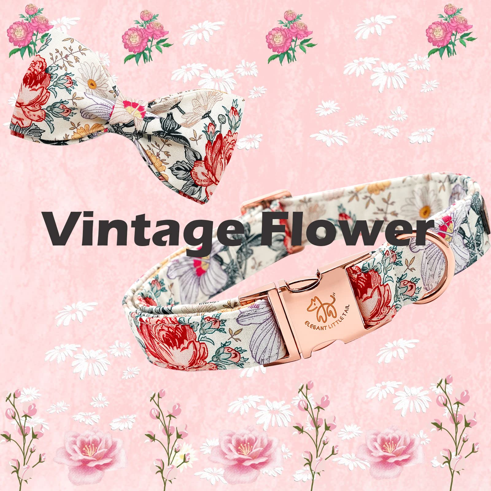 Elegant Little Tail Vintage Floral Dog Collar With Bow, Comfotable Dog Bowtie, Dog Collar Bow Adjustable Dog Collars For Small M