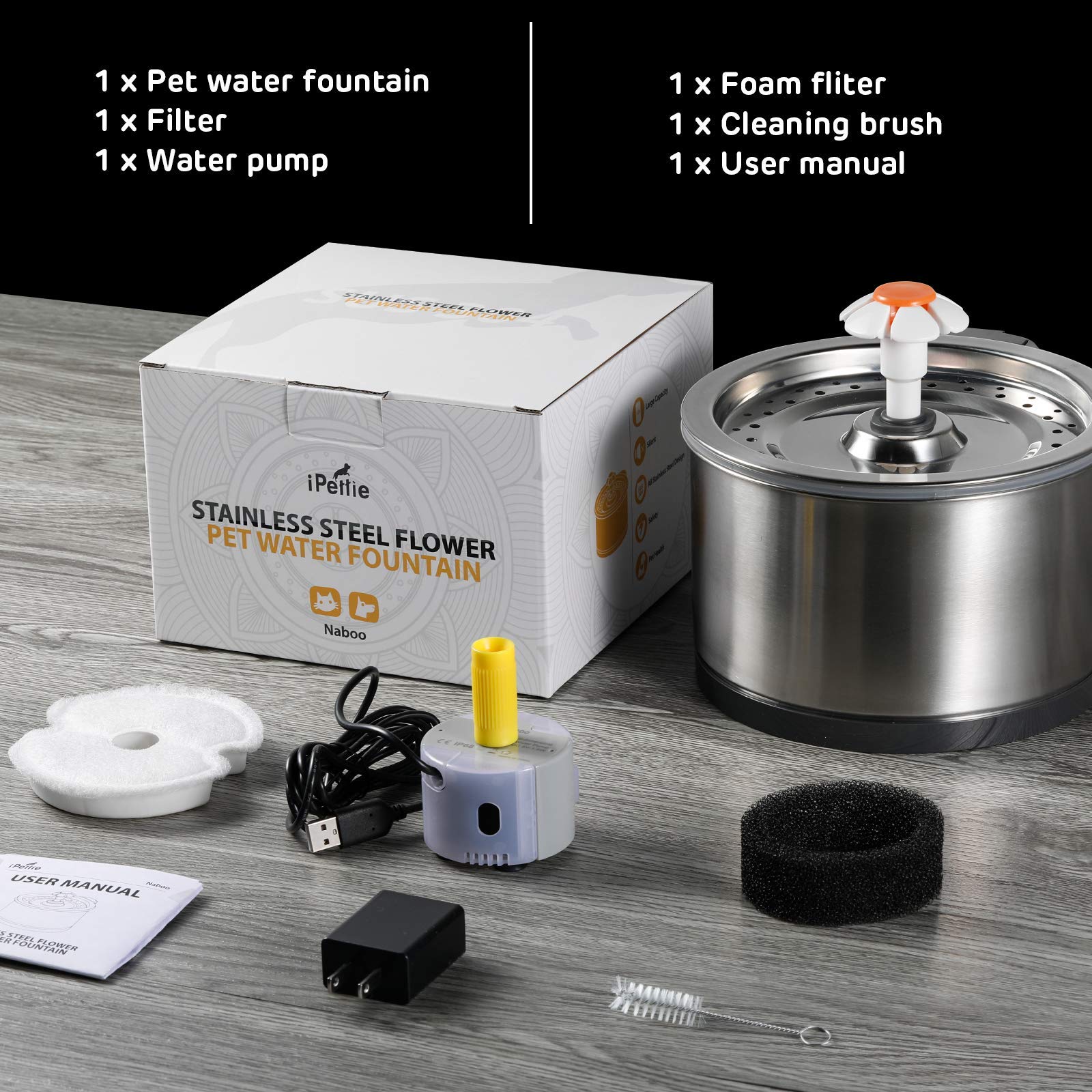 Ipettie Cat Water Fountain Stainless Steel, 84Oz/2.5L, 4-Stage Filtration, Ultra Quiet Metal Cat Water Fountain With Led Light & Filter For Pet, Kitty & Dog