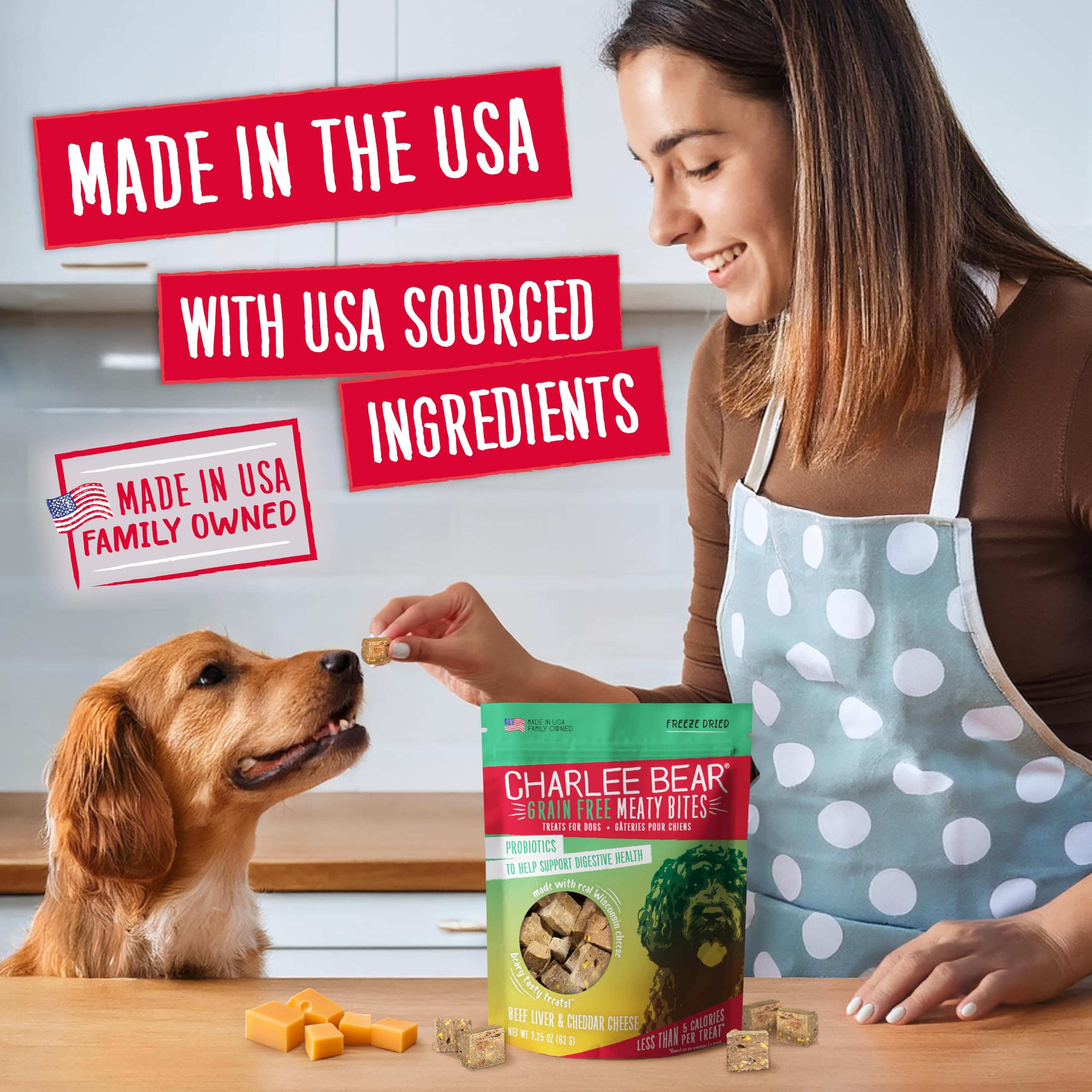 Charlee Bear Freeze Dried Dog Treats, Beef & Cheese, High Protein, 2.25 Oz Resealable Bag, Grain Free Training Snacks, Made in USA