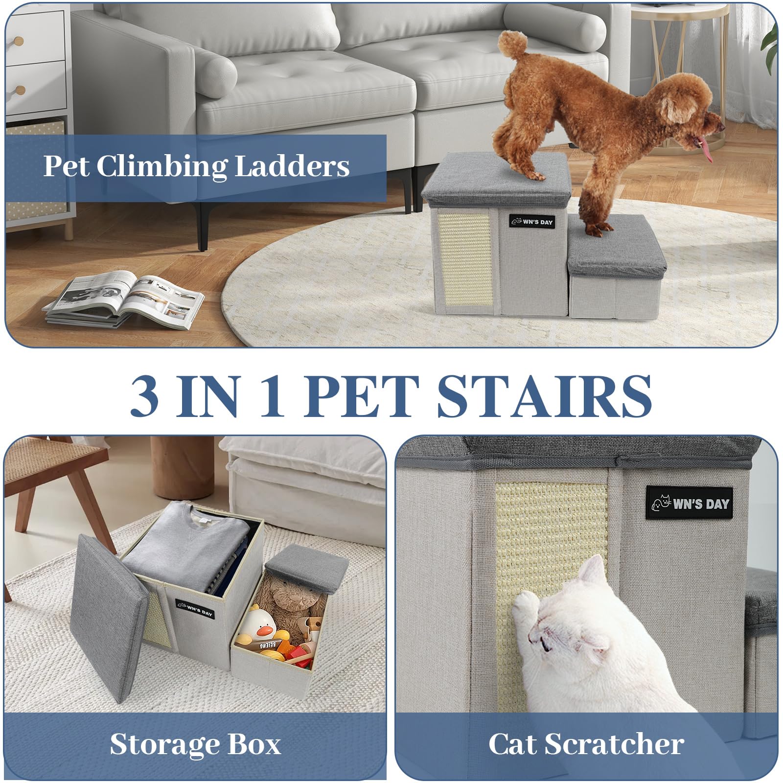 Wn's Day Dog Stairs for Bed Couch, 2 Steps 13"H, Grey, Folding with Storage, Supports Up to 220LBS, Model Wn's Day-815