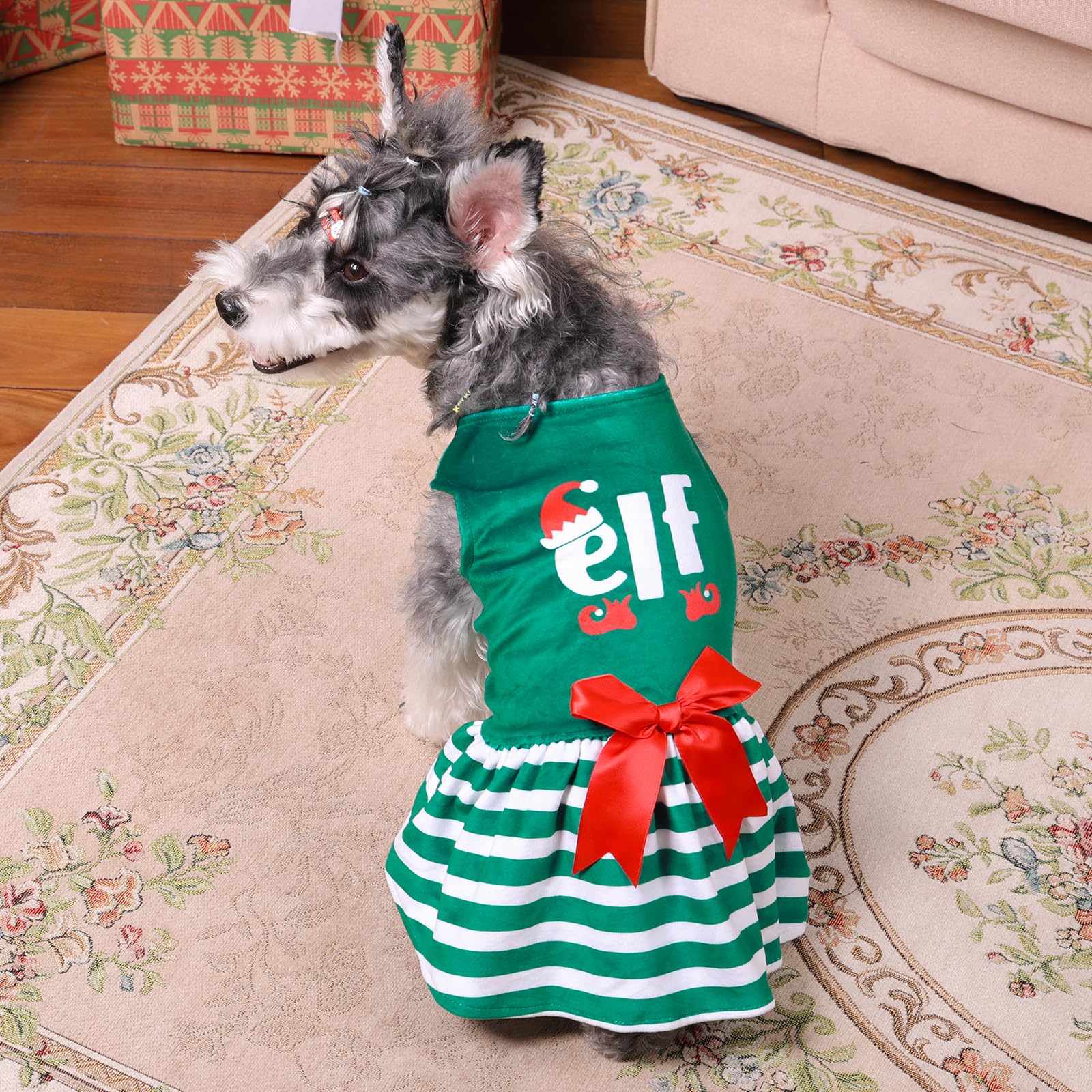 Cutebone Elf Dog Dresses Velvet Holiday Small Dogs Clothes Onesie Pet Apparel Girl Puppy Skirt With Bow Hair Rope Cva55L-D
