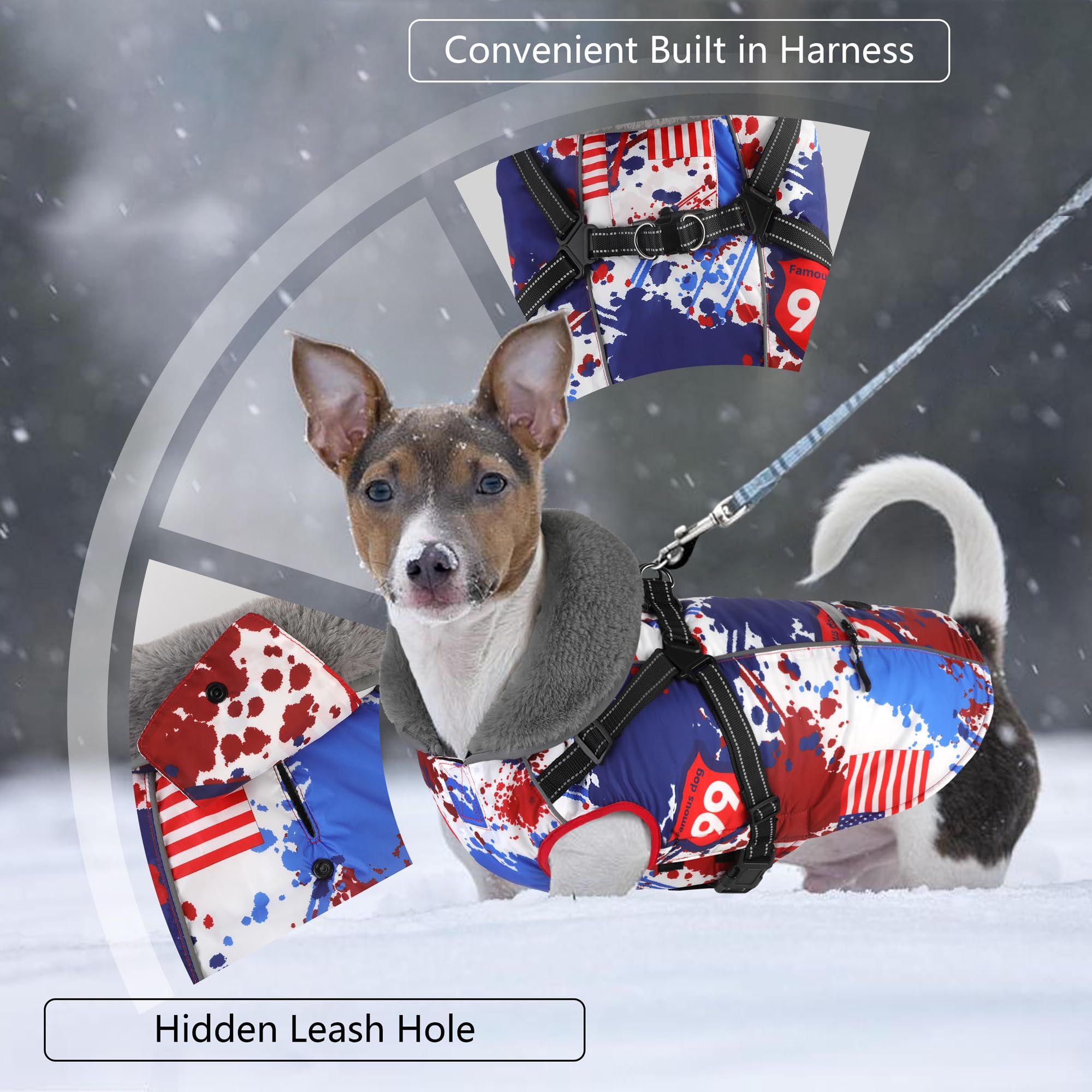 Dogcheer Dog Coat With Harness, American Flag Dog Jacket Waterproof Puppy Winter Coat With Pocket, Reflective Adjustable Pet Tur