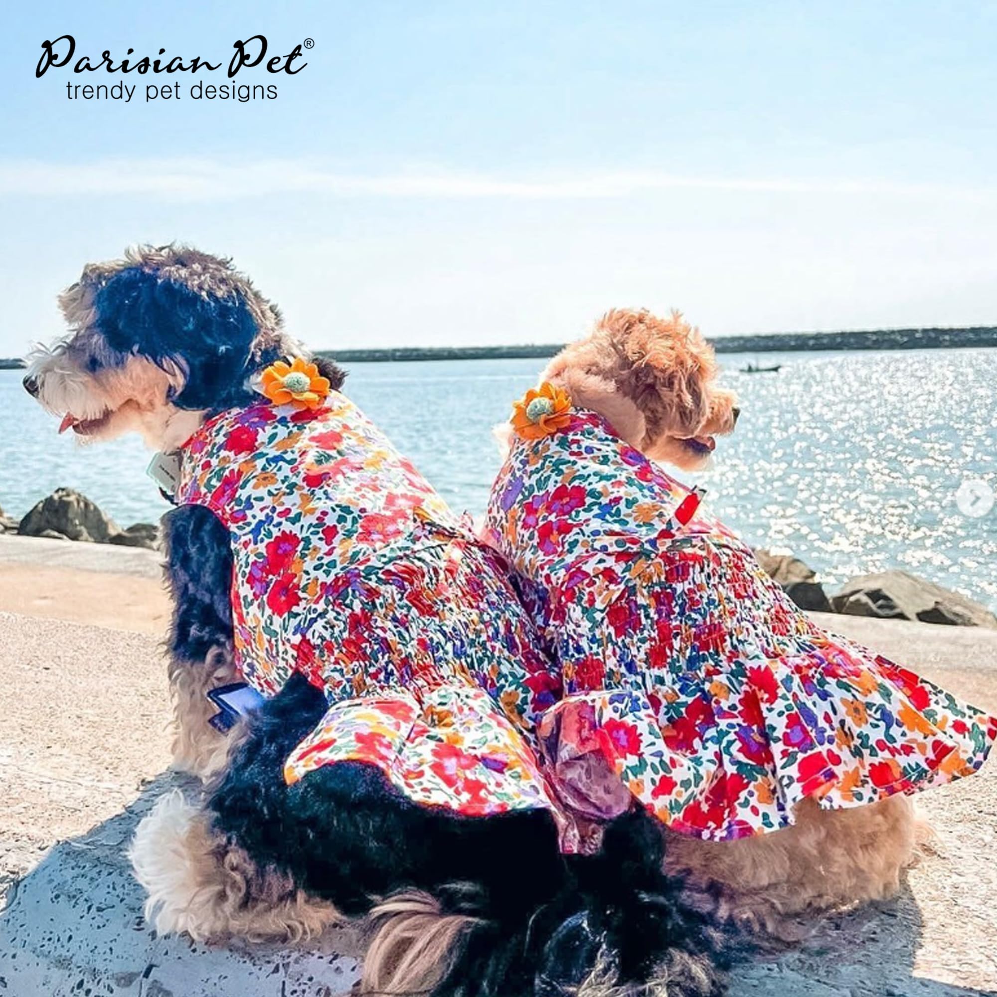 Parisian Pet Floral Printed Dog Summer Dress - 100% Cotton Breathable Ruched Waist - Medium Dog Girl Dress