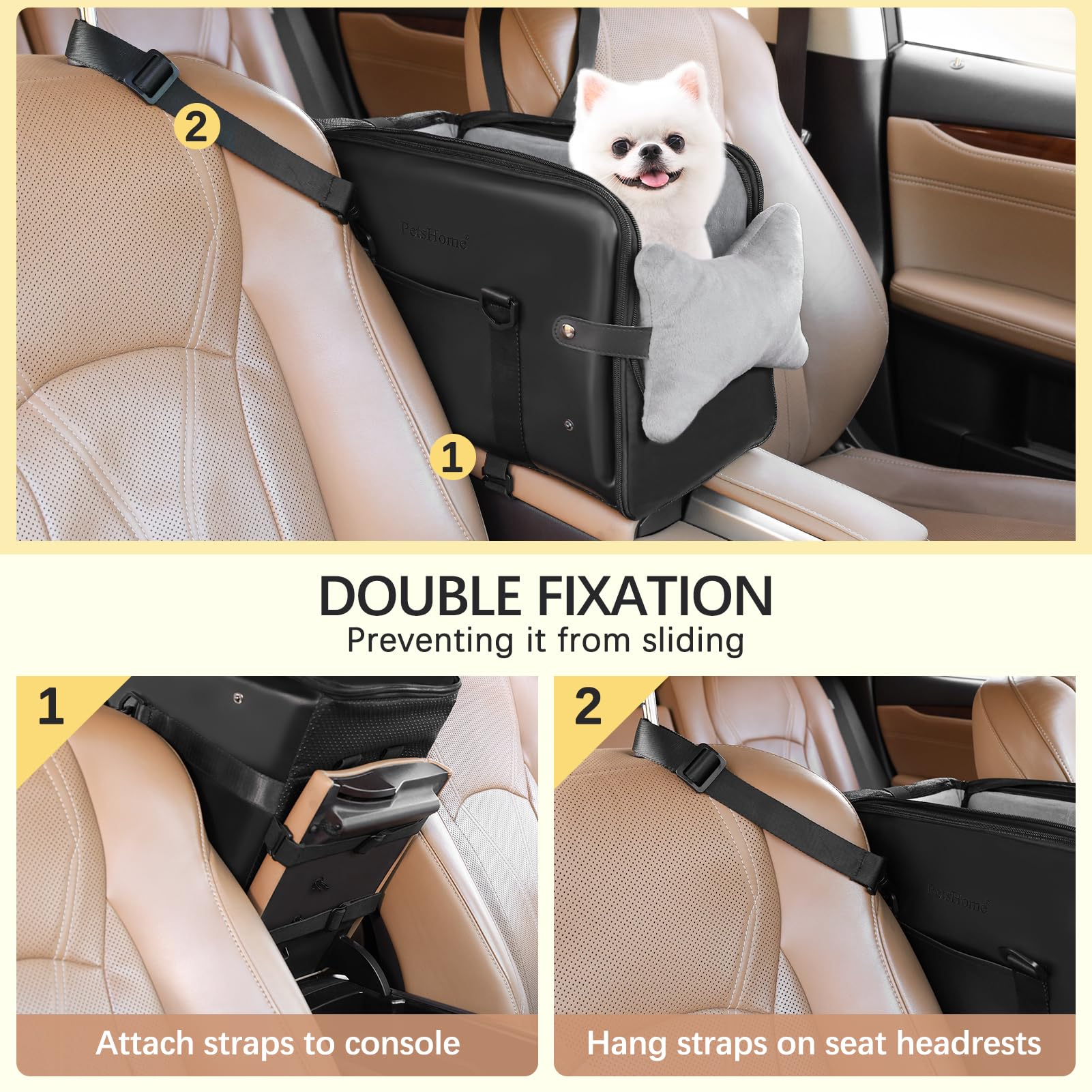PetsHome Console Dog Car Seat for Small Dogs, Premium PU Leather Dog Booster Seat Portable Pet Car Seat with Double Fixation Sea