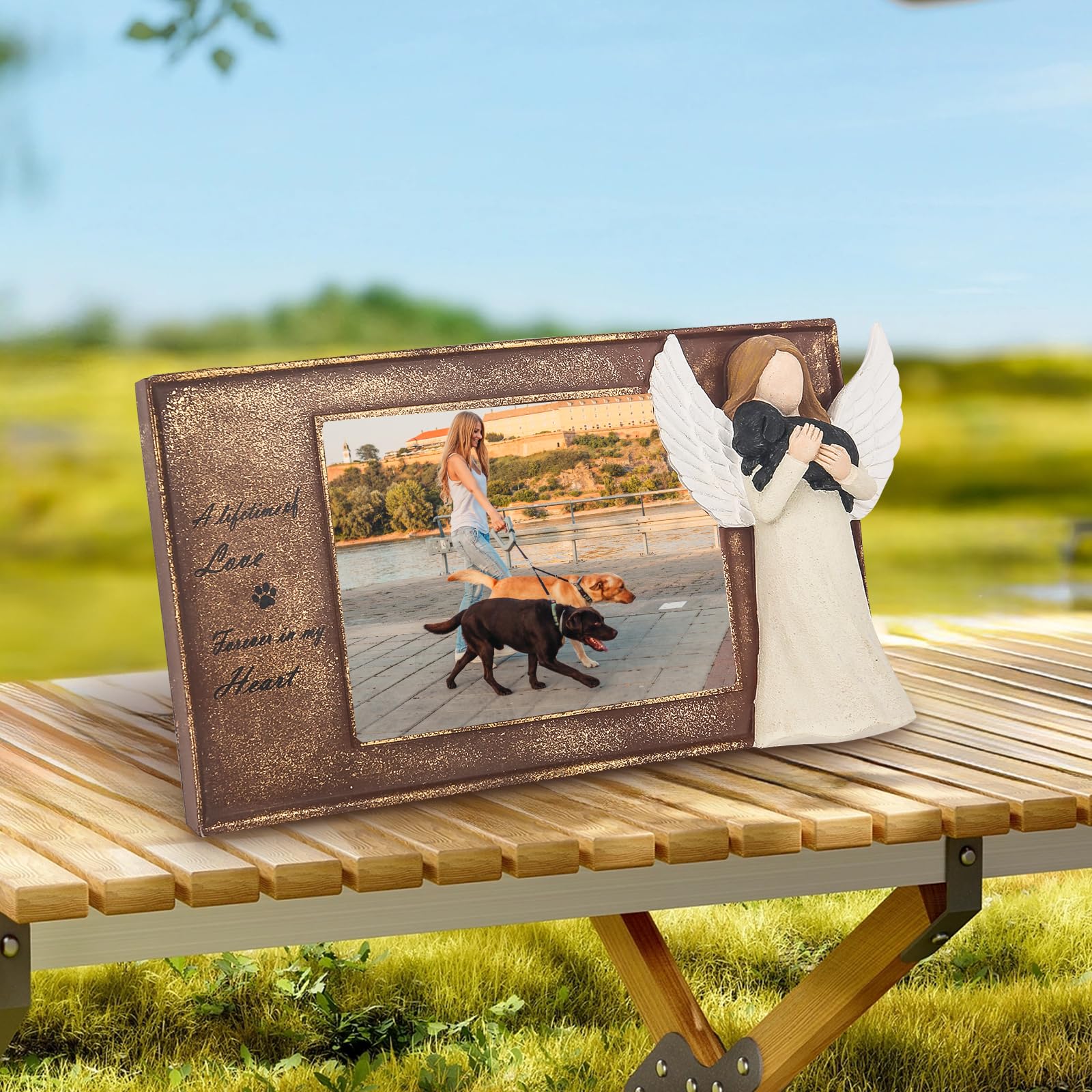 Symbullize Pet Memorial Frame With Guardian Angel Sculpture - Handcrafted Resin 4X3 Inch Photo Display For Dogs & Cats, Memorial