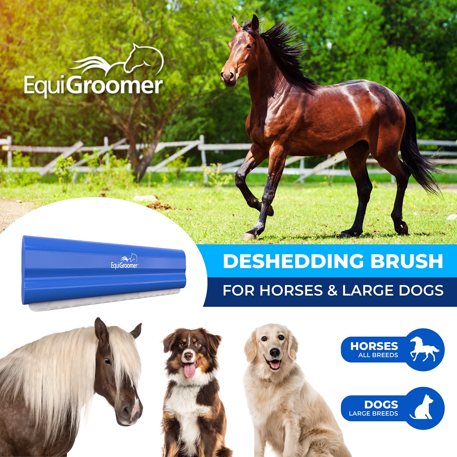 Equigroomer Deshedding Brush, 8-Inch For Horses And Large Pets, Blue, Removes Loose Dirt, Hair, And Fur, Professional Undercoat Grooming Tool