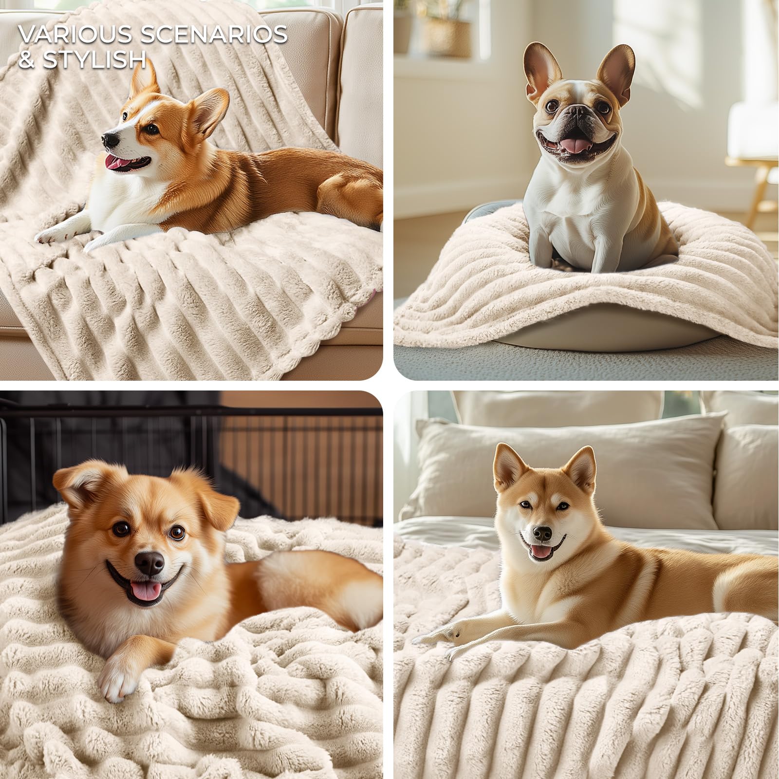 Linenlux 1 Pack 3 Soft Fleece Dog Blanket For Pet Washable Warm Cat Puppy Fluffy Calming Flannel Beige Medium