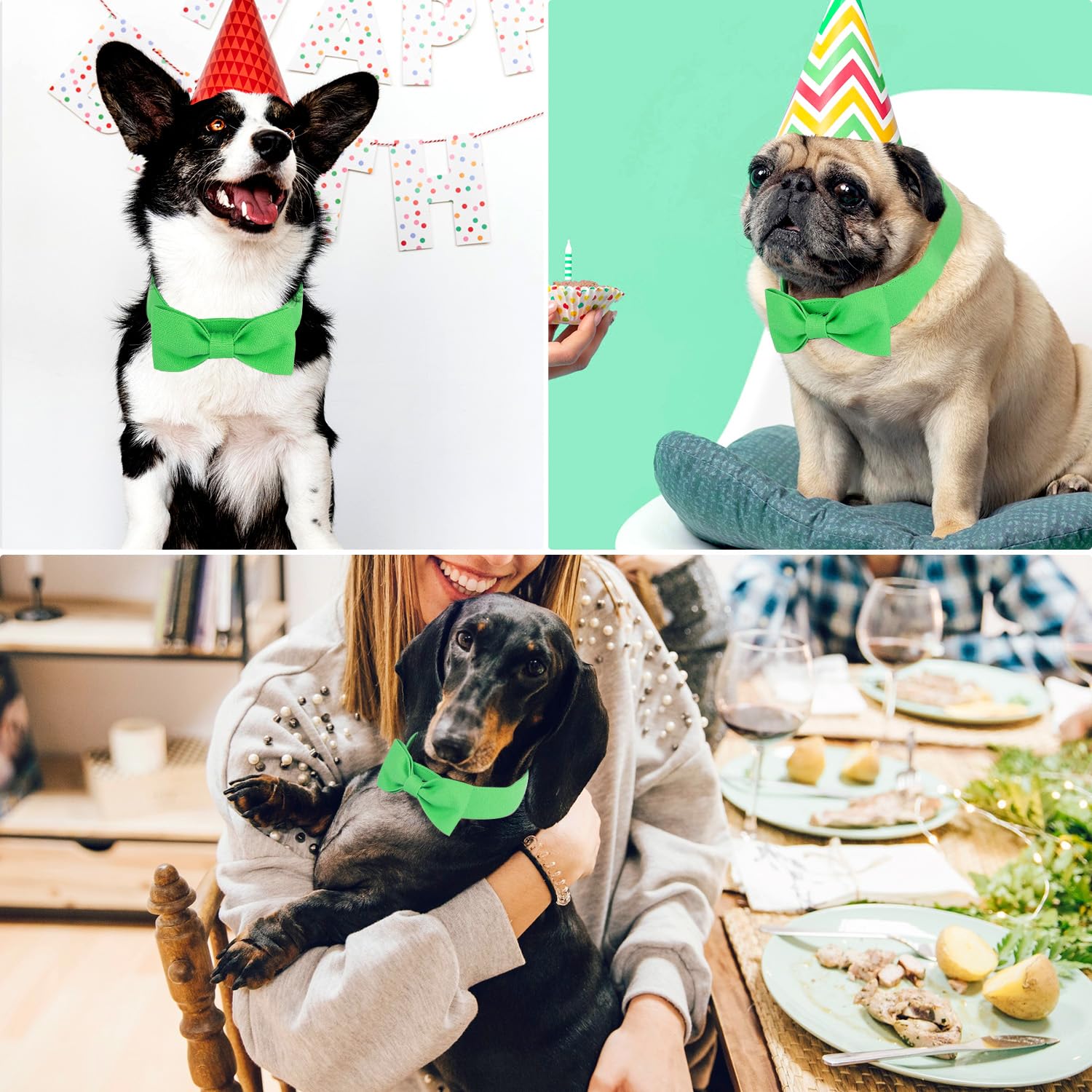 Segarty Dog Bow Ties, Adjustable Green Bowtie Collar For Small Medium Dogs, Durable Cat Neck Tie Tuxedo Comfortable Cotton Pets