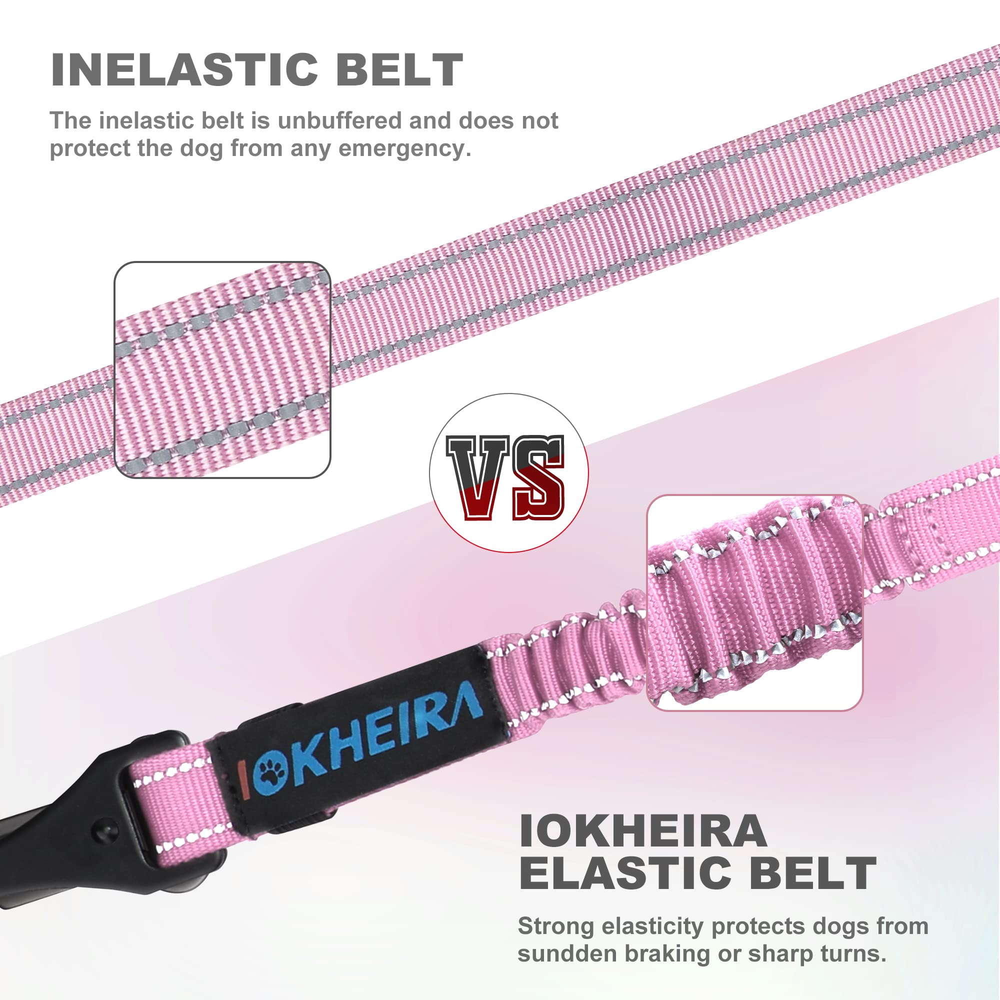 Iokheira Dog Seatbelt - Adjustable Reflective Bungee Harness With Aluminum Swivel Carabiner