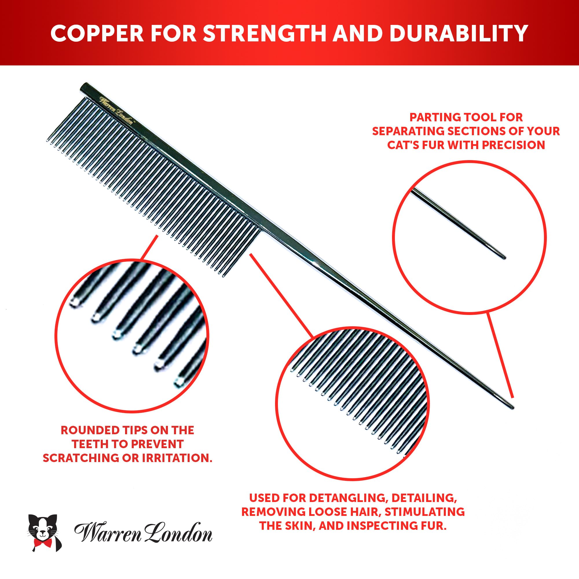 Warren London Precision Tail Comb Made With Copper | 7 Inches | Rounded Tips Prevent Irritation | Finishing And Fluffing Comb Fo