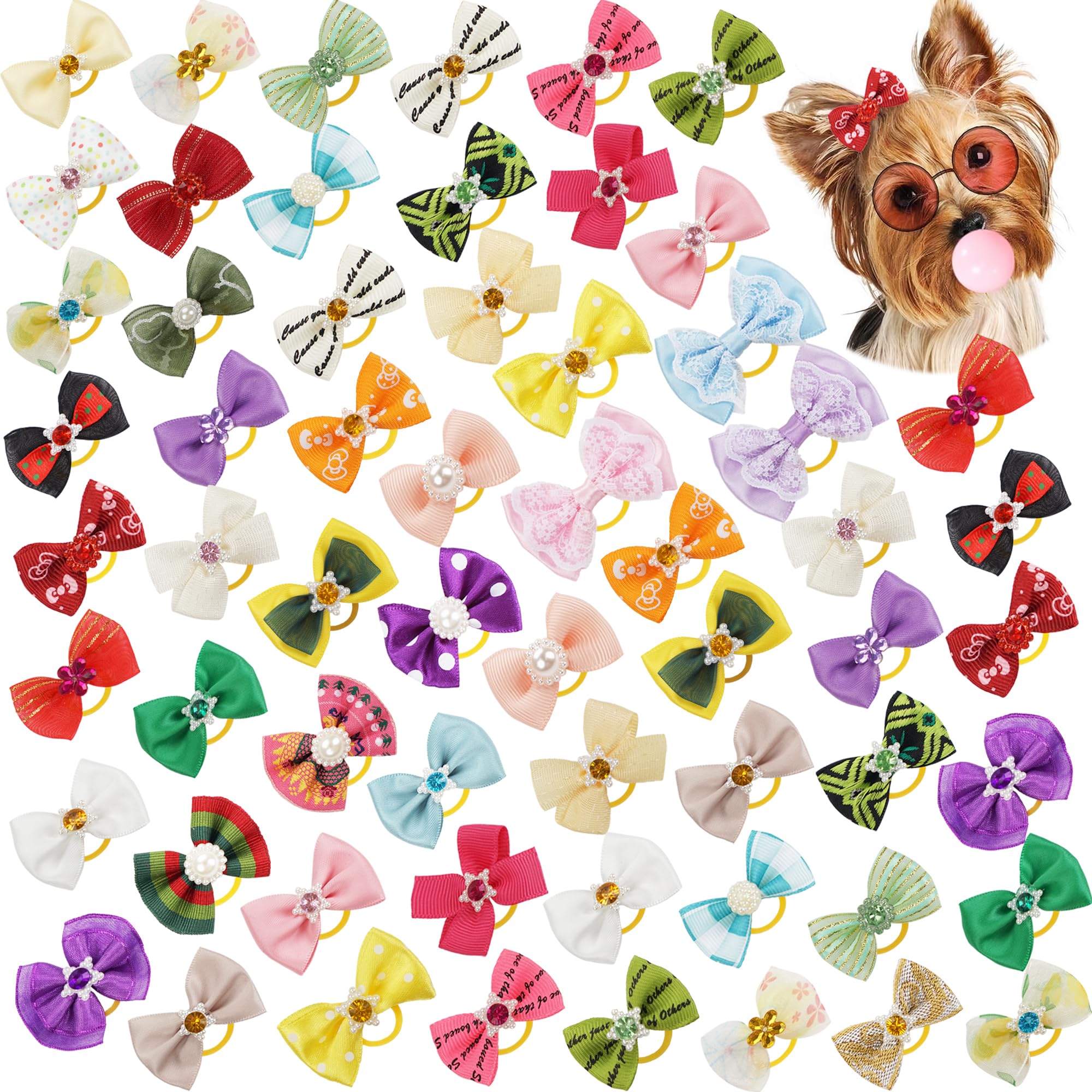 Yxiang 60Pcs Small Dog Bows, Cute Mixed Styles Rhinestone Pearls Handmade Bows For Small Size Dog Girl, Yorkie Puppy Pet Groomin