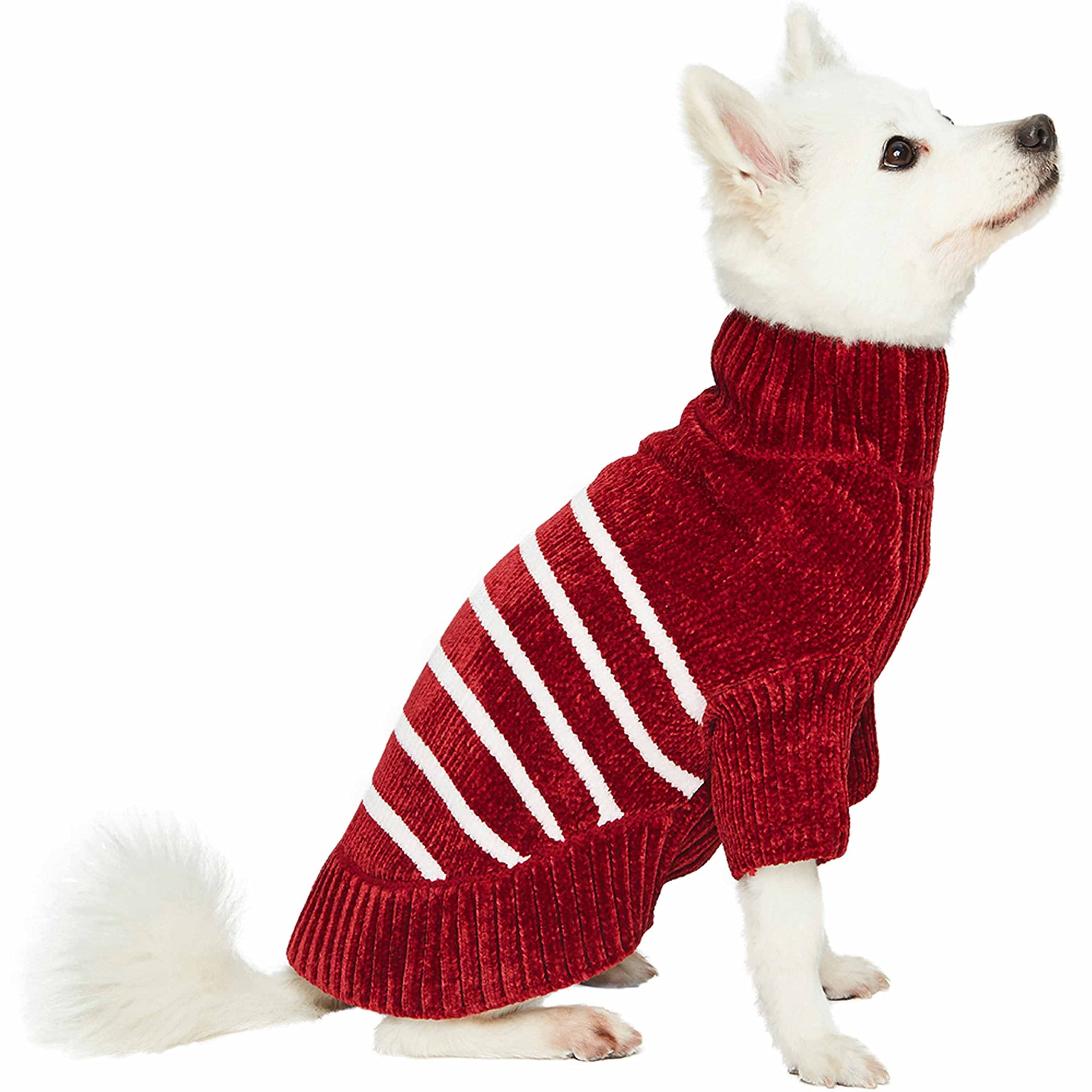 Blueberry Pet Cozy Soft Chenille Classy Striped Dog Sweater in Burgundy Red, Back Length 22'', Pack of 1 Clothes for Dogs