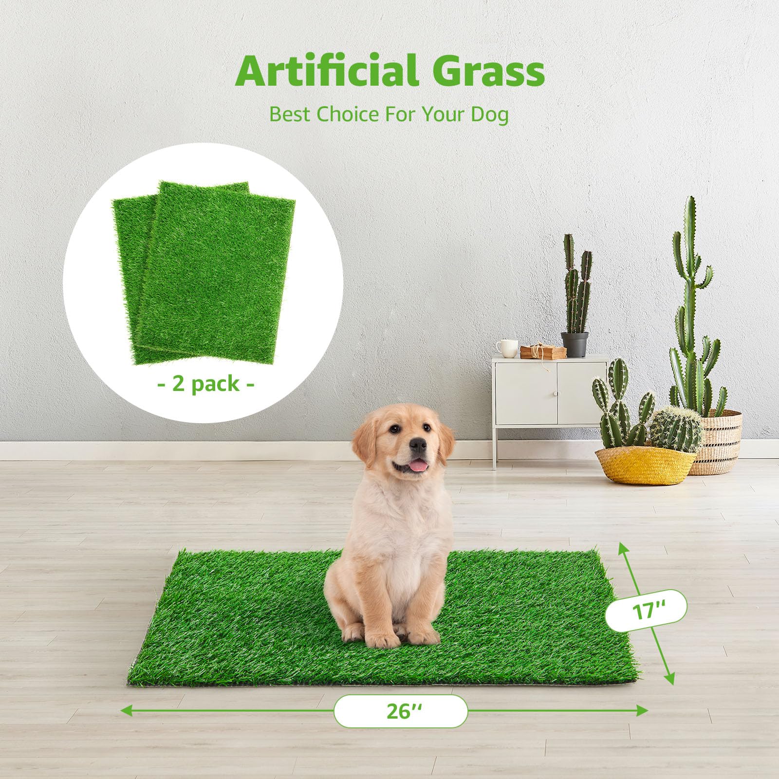 Artificial Dog Grass Pee Pad 26'' X 17'' 2 Pack, Washable Indoor Potty Training Replacement Turf For Puppy, Reusable Realistic G