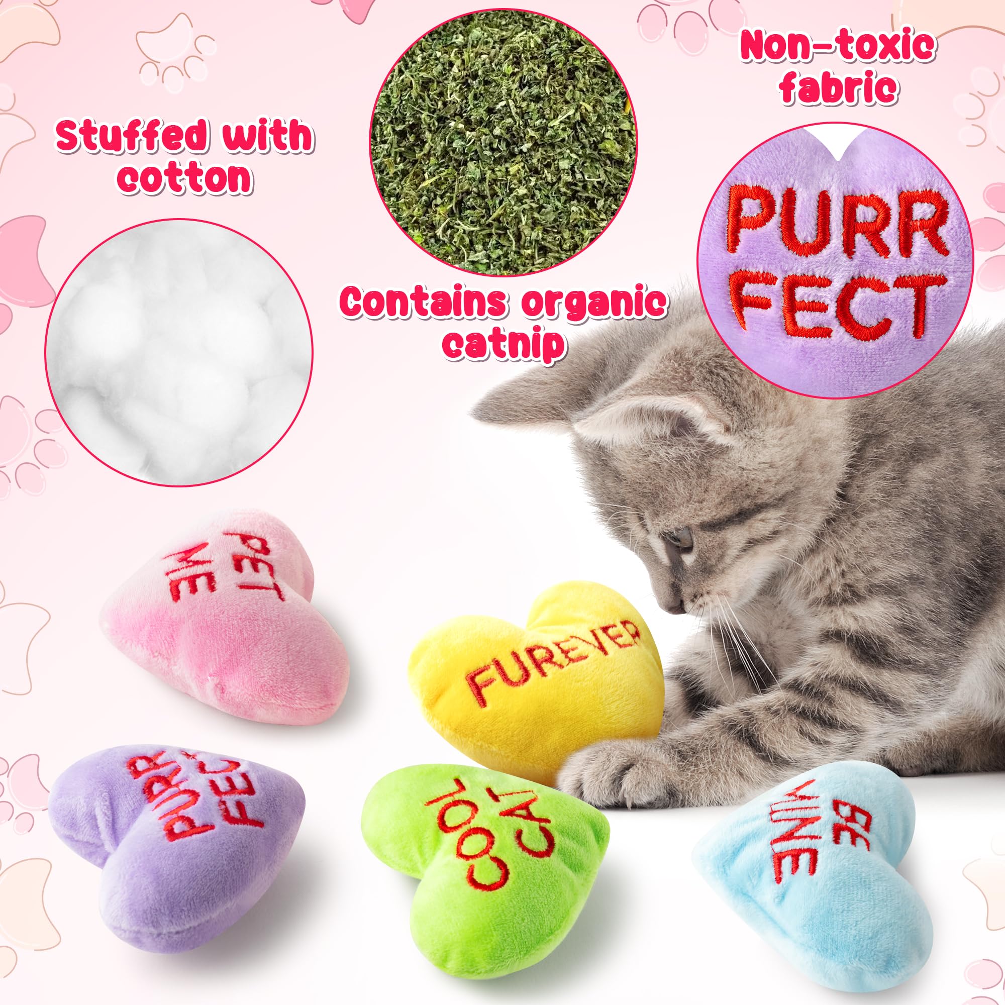 Mallmall6 5Pcs Valentine'S Day Conversation Heart Candy Catnip Toys For Cat, Catmint Interactive Kitten Teething Chew Kick Toy F