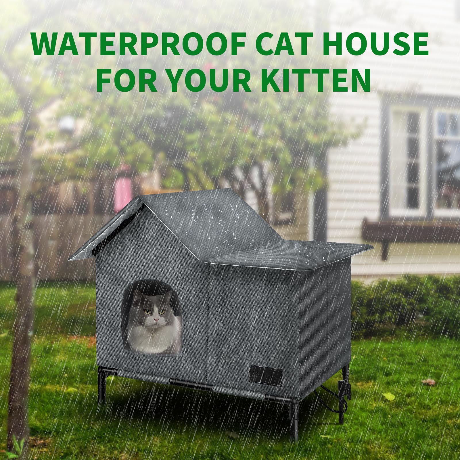 Outdoor Cat House-Large Weatherproof Cat Houses For Outdoor/Indoor Cats Feral Cats Shelter With Soft Mat (Heat Gray)