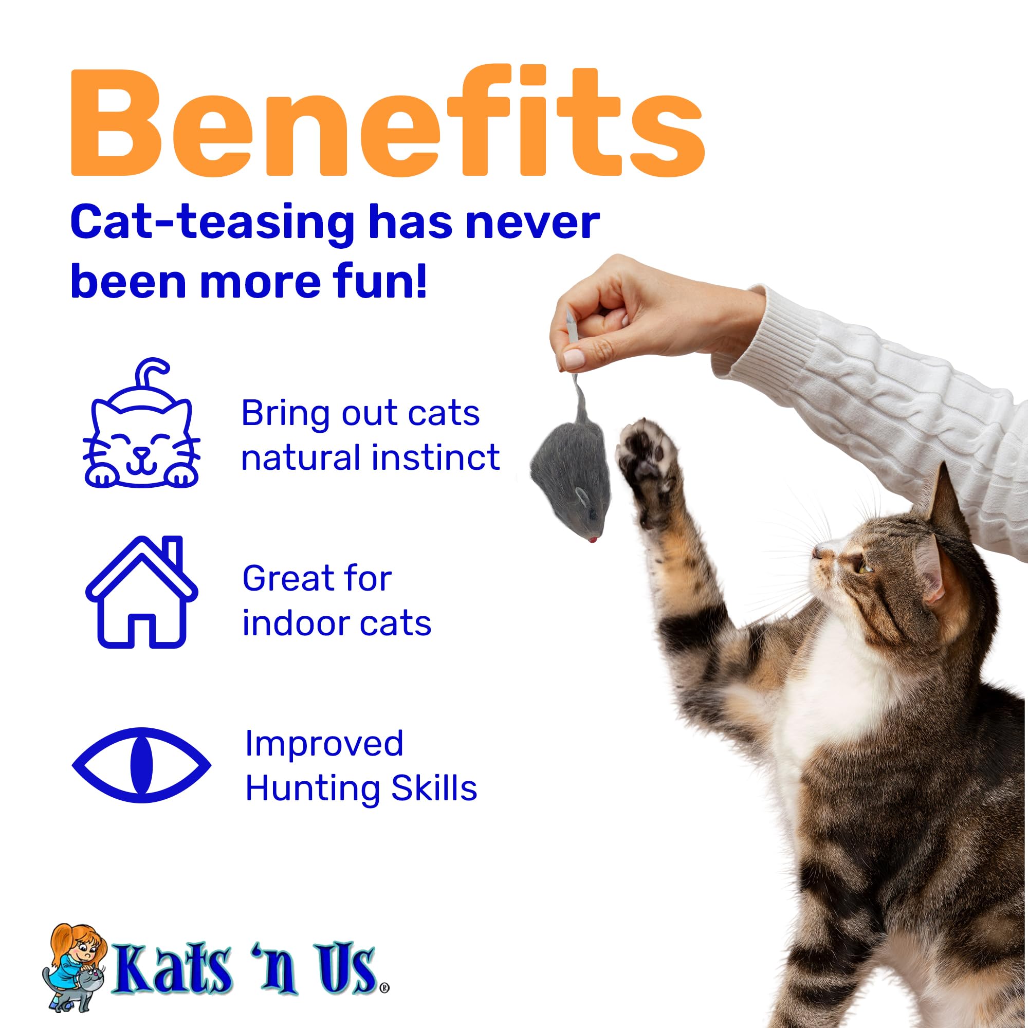 Kats'N Us Gray Rabbit Fur Mouse Cat Toy Pack - 5 Interactive Mice for Indoor Cats - No Rattle Sound - Furry Play Combo