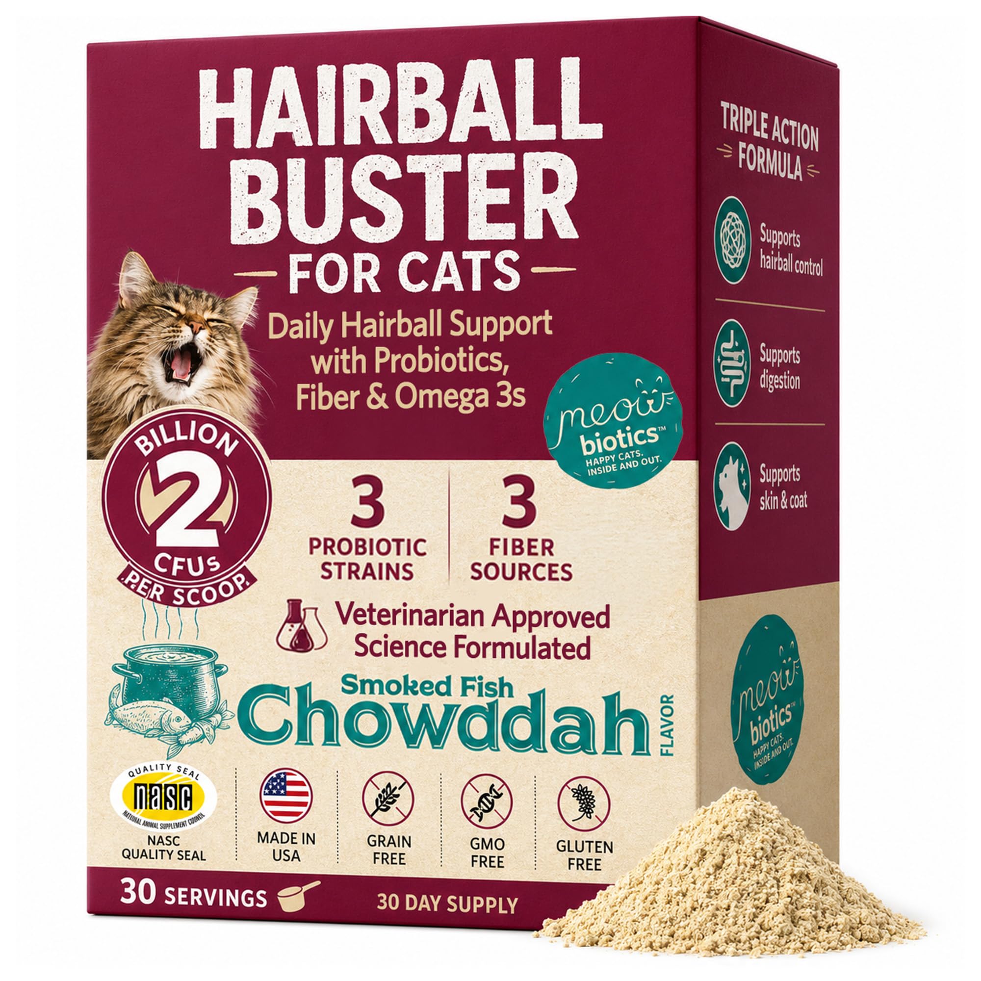 Hairball Buster Powder for Cats, Cat Hairball Treatment with Probiotics, Fiber & Omega 3, Digestive Support, Smoked Fish Flavor,
