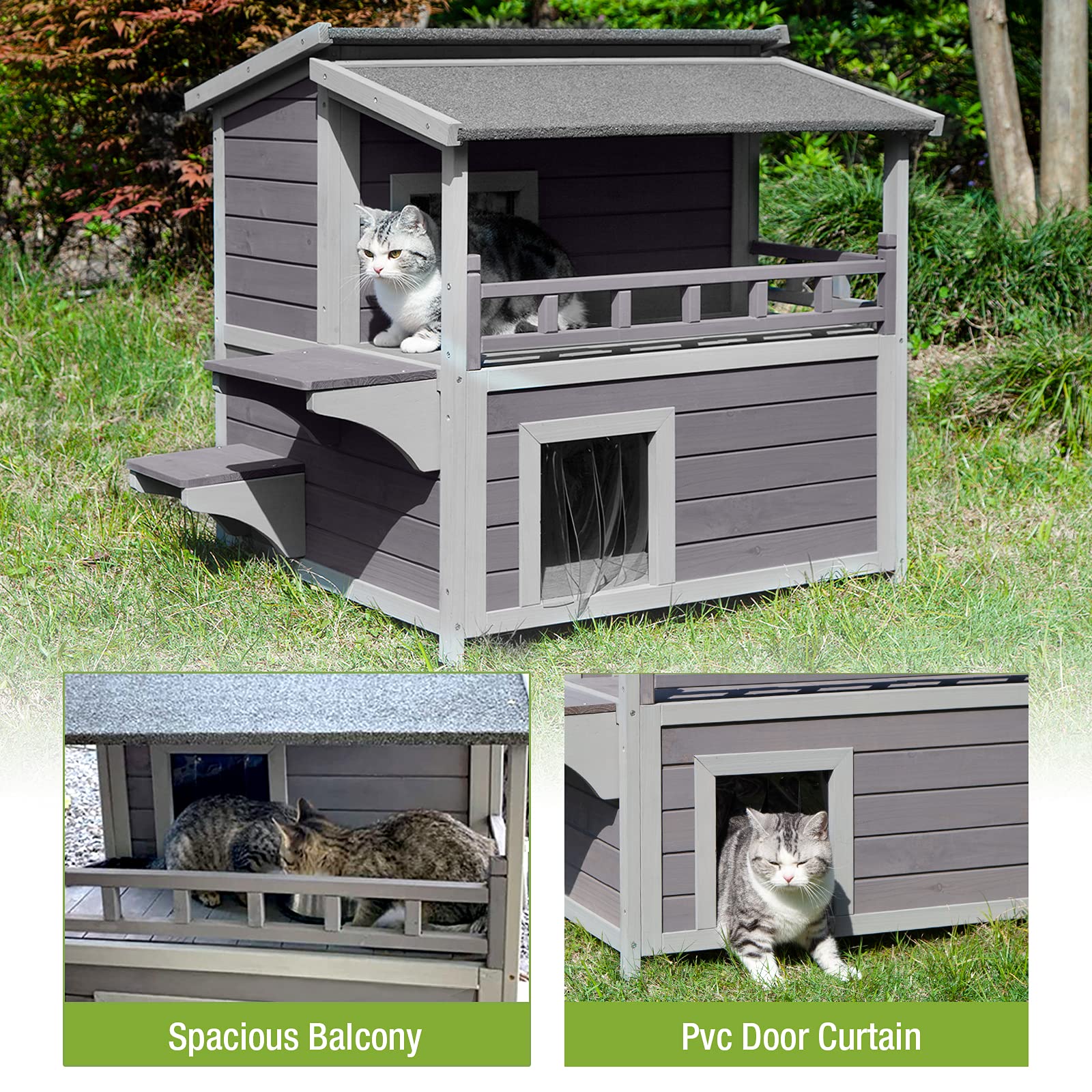 Cat House Outdoor & Indoor Feral Kitty House Cats Enclosure With Balcony Wooden Kitty Shelter Waterproof