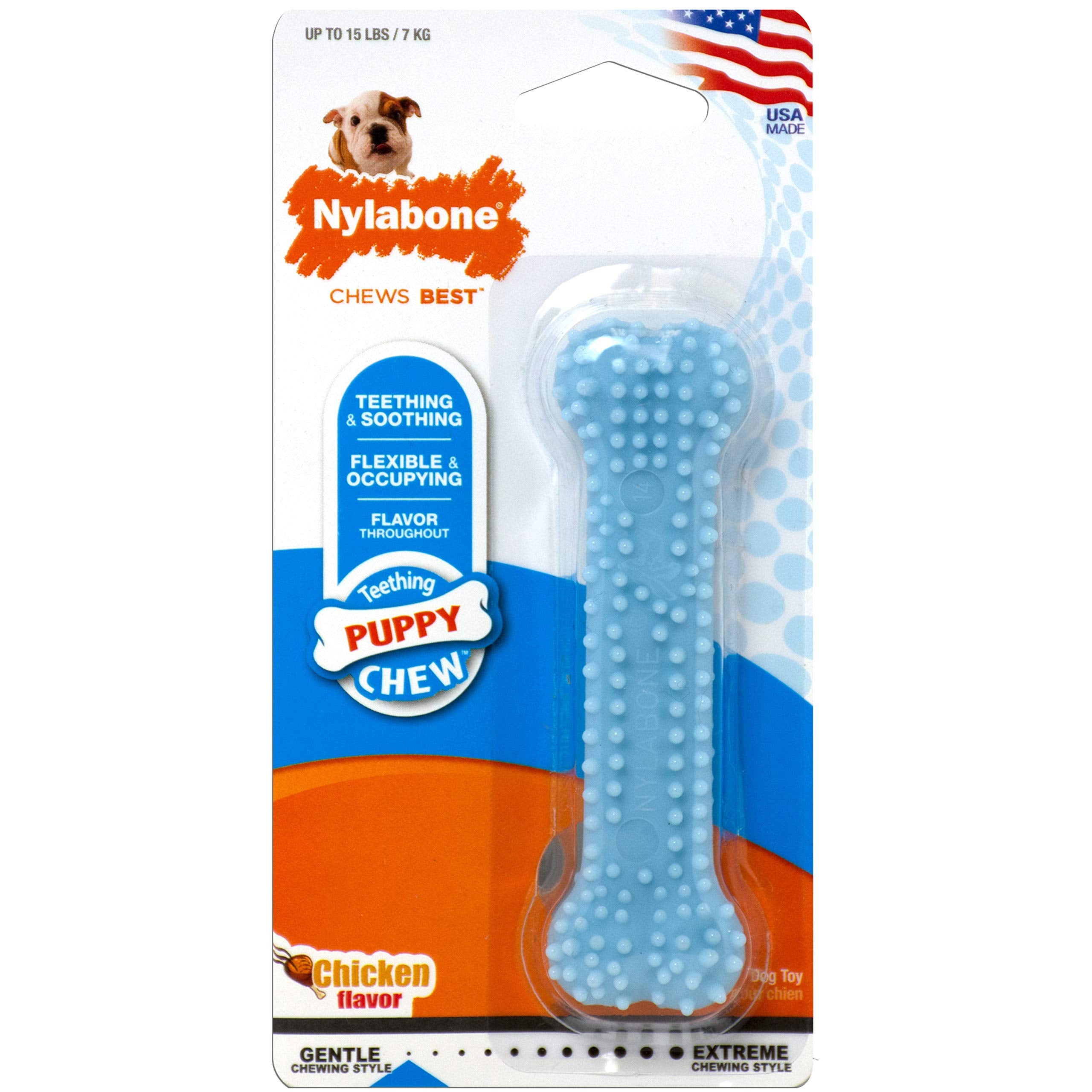 Nylabone Puppy Chew Blue Textured Teething Bone - Chewing Toys for Puppies - Puppy Supplies - Chicken Flavor, X-Small, Up to 15