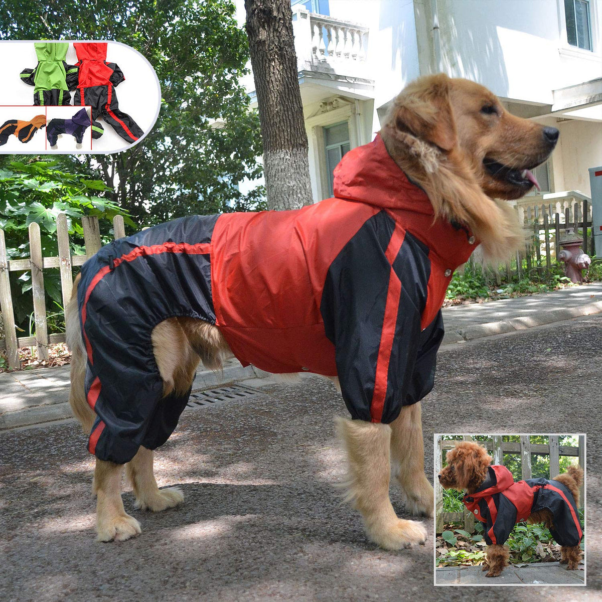 Lovelonglong Alaska Dog Hooded Raincoat, Golden Retriever Rain Jacket Poncho Waterproof Clothes With Hood Breathable 4 Feet Four Legs Rain Coats For Large Huge Dogs Red L-Xl+