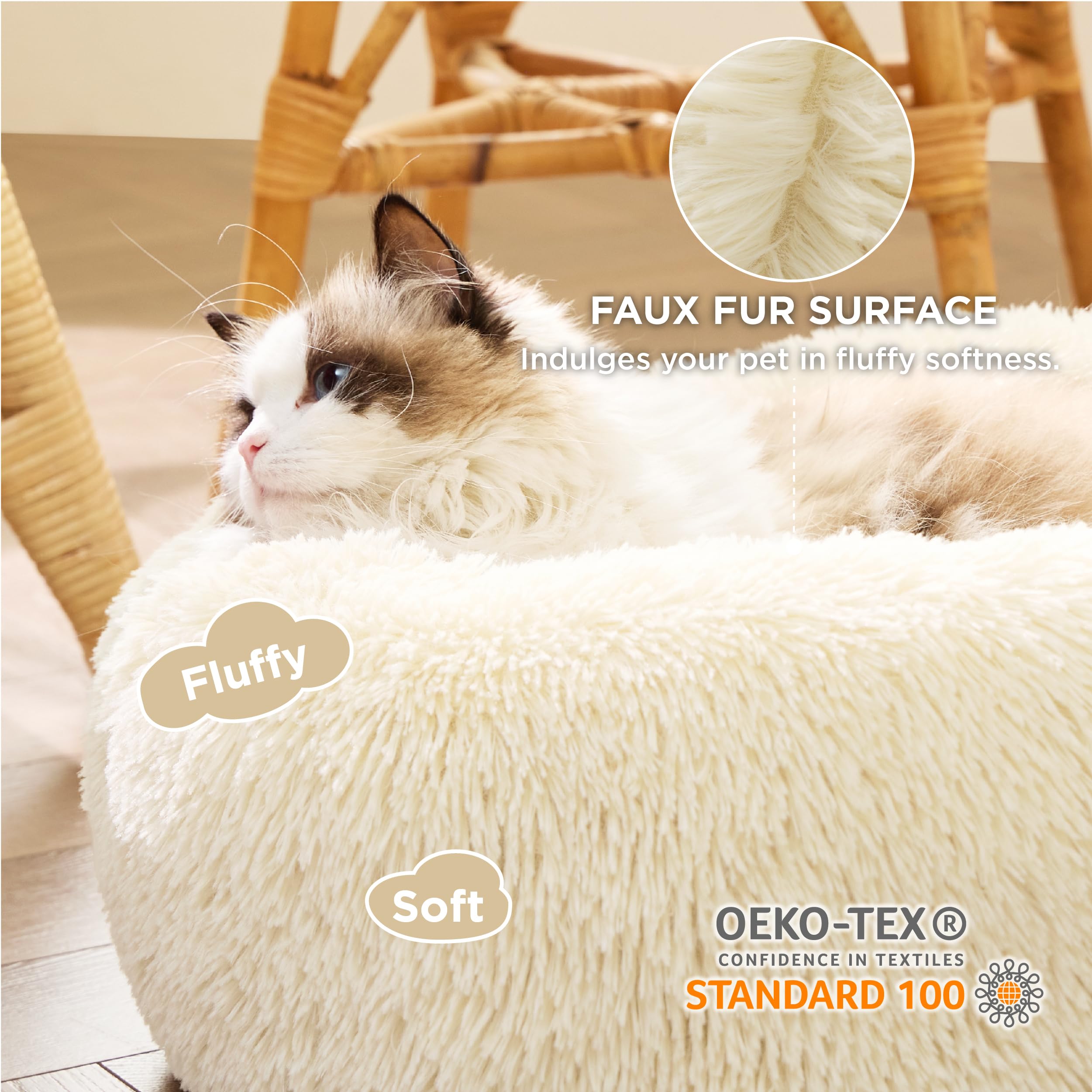 Bedsure Calming Cat Bed For Indoor Cats - Small Washable Round Cat Bed, Anti-Slip Fluffy Plush Faux Fur Pet Bed, Fits Up To 15 L