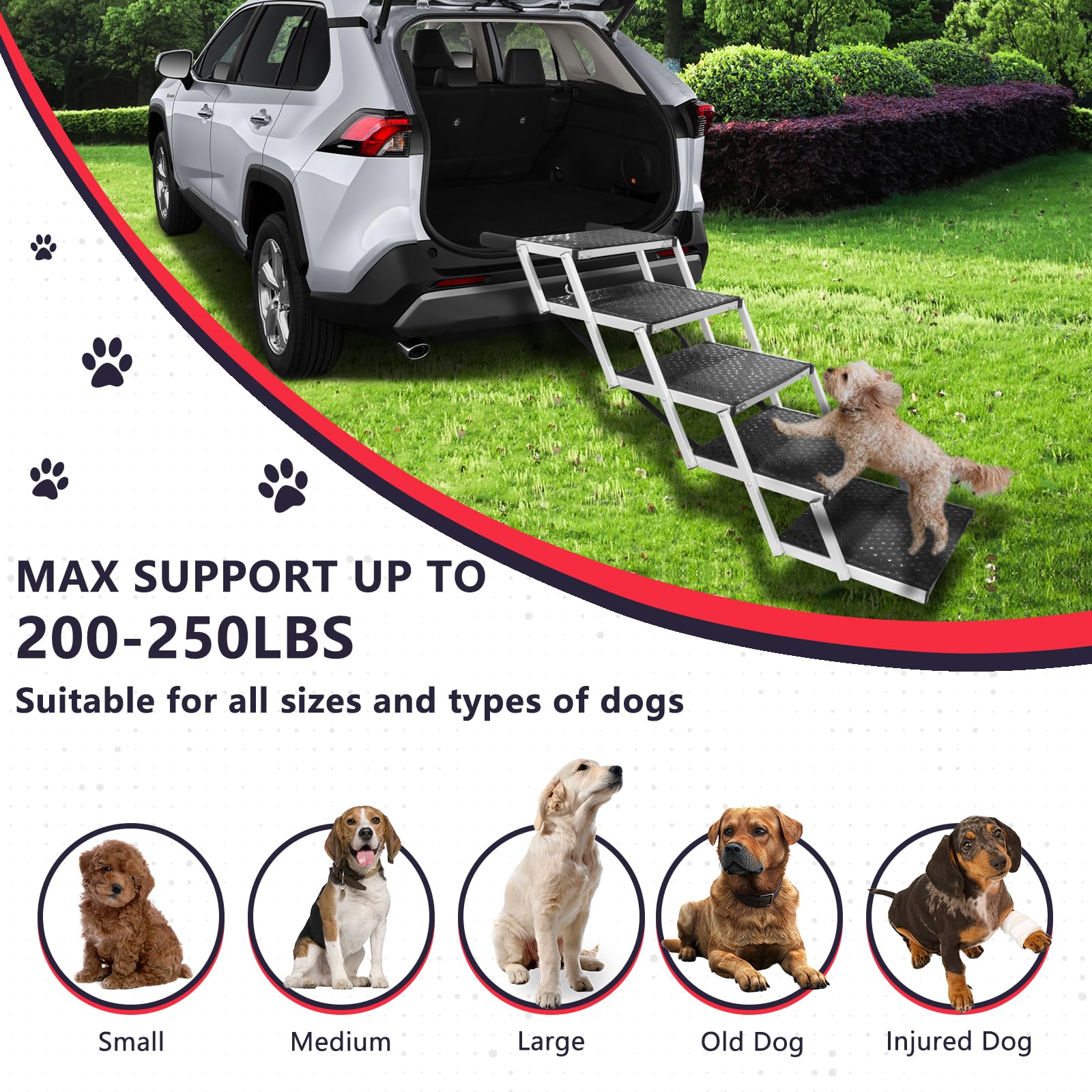 Pensun Dog Stairs With Nonslip Surface Portable Folding Pet Ramp For Car, Suv And Trucks Foldable Truck Ramp Stairs For Small To