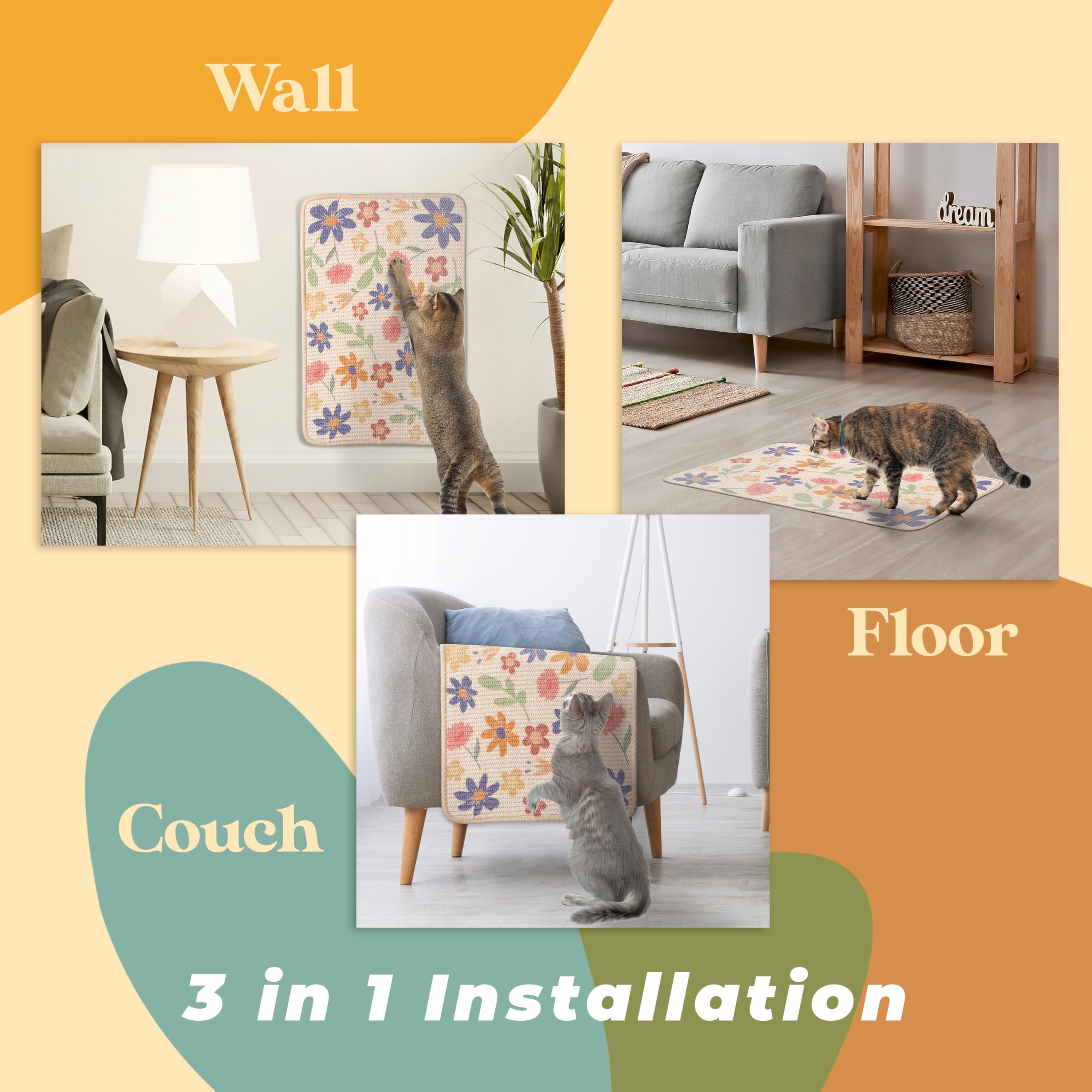 Evomotive Scratchable Sisal Cat Scratcher, [+ Catnip Fish Toy], Wall Scratcher, Couch Protector, Scratching Mat- 24 X 15.8 With