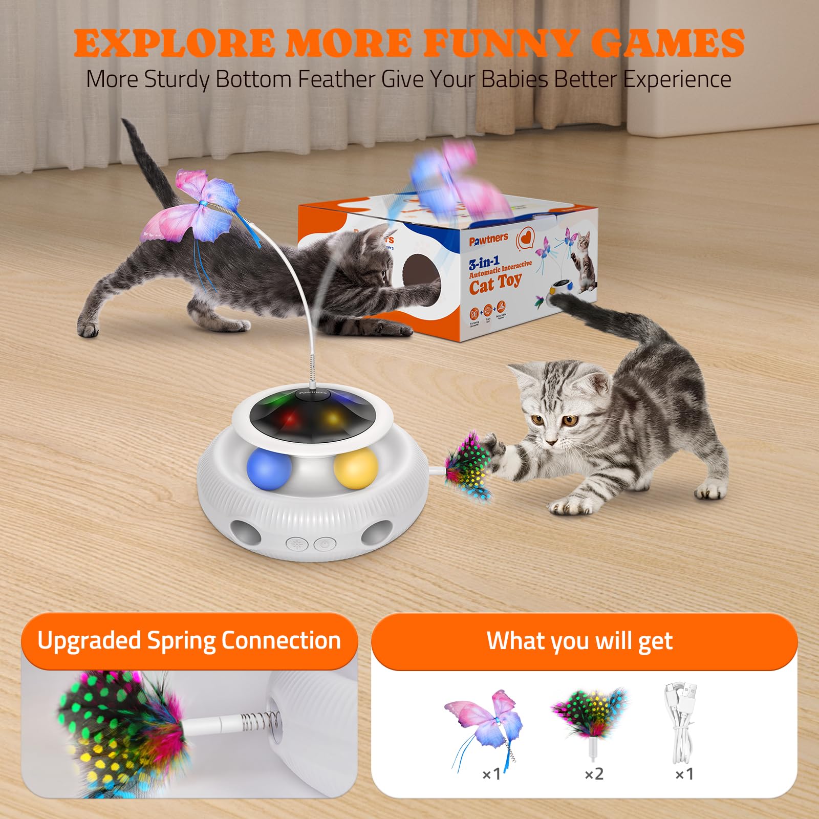 Interactive Cat Toys: 3 In 1 Automatic Cat Toy For Indoor Cats, Electric Kitten Toy With Usb Rechargeable, Self Play Kitty Toys