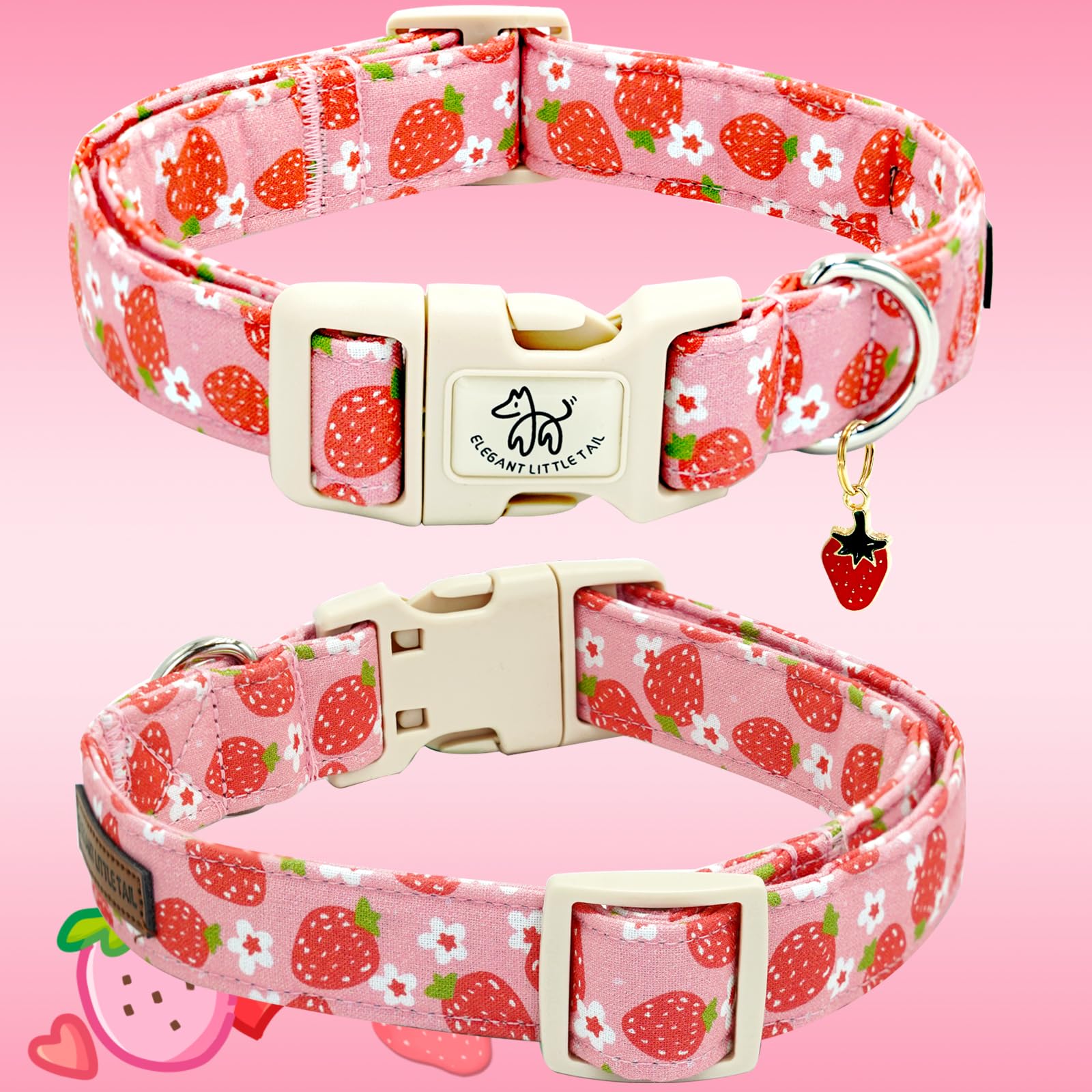 Elegant Little Tail Dog Collar, Strawberry Pattern Pet Collar Pink Durable Spring Female Spring Collar Adjustable Cotton Pet Col