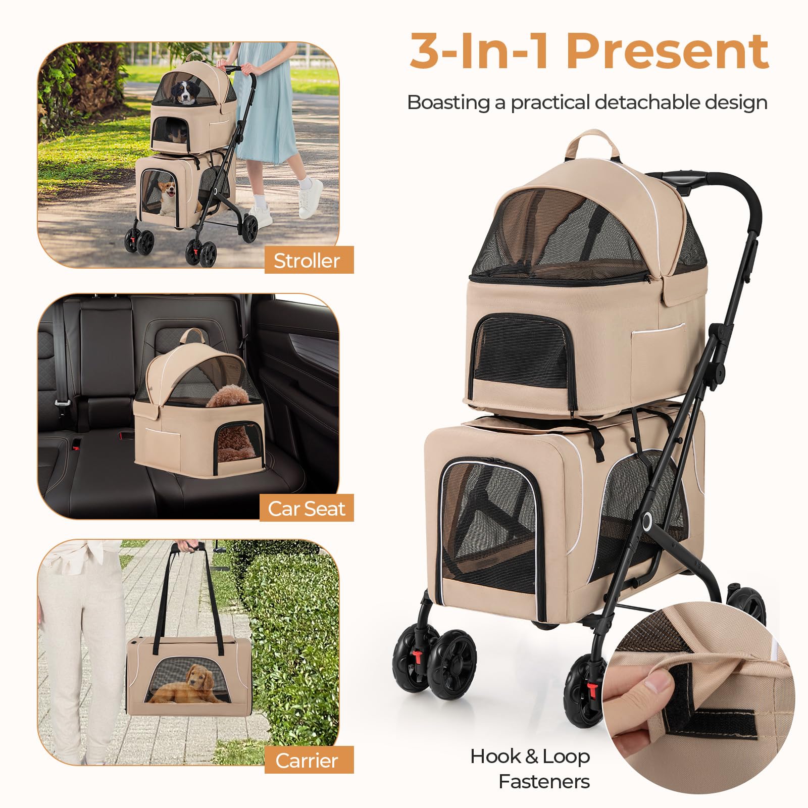 Giantex Double Dog Stroller For 2 Dogs, Detachable Carriers, Safety Belt, 4 Lockable Wheels, Pet Travel Carrier Strolling Cart,