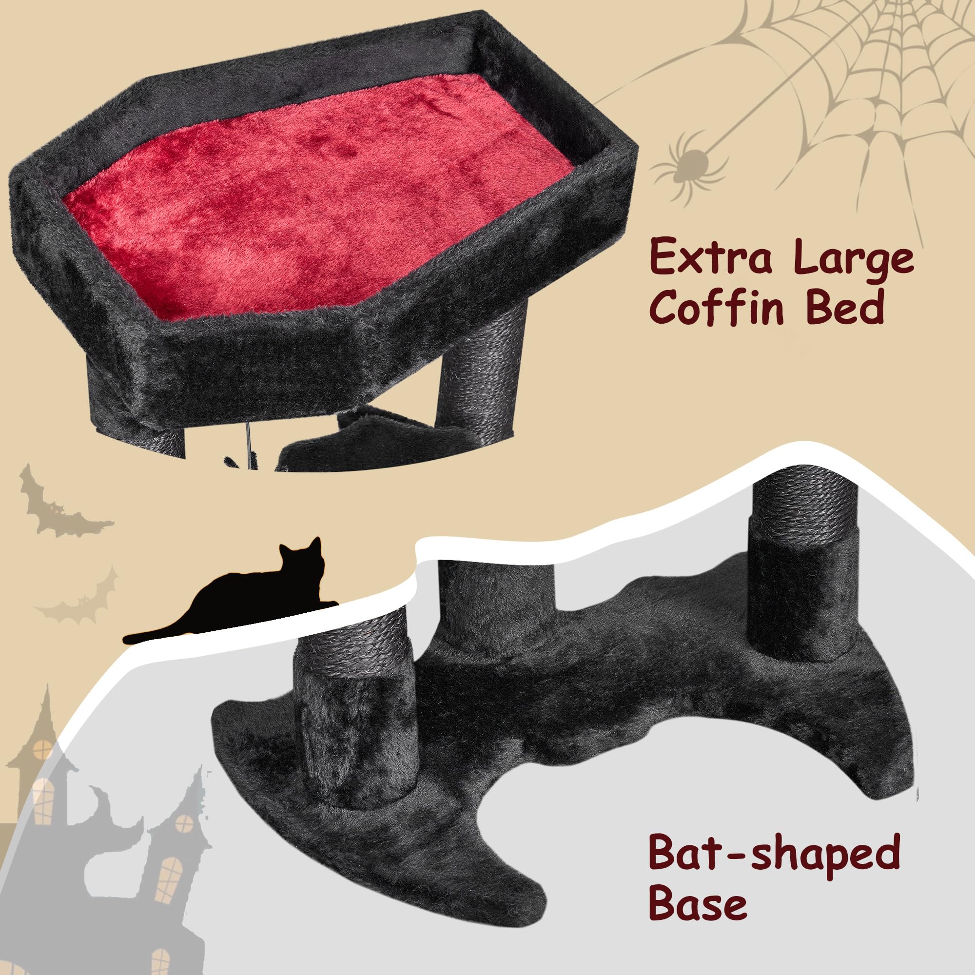 Bewishome Gothic Cat Tree With Coffin Bed, Goth Cat Tower For Indoor Cats With Sisal Scratching Posts, Spider Toy, Spooky Coffin